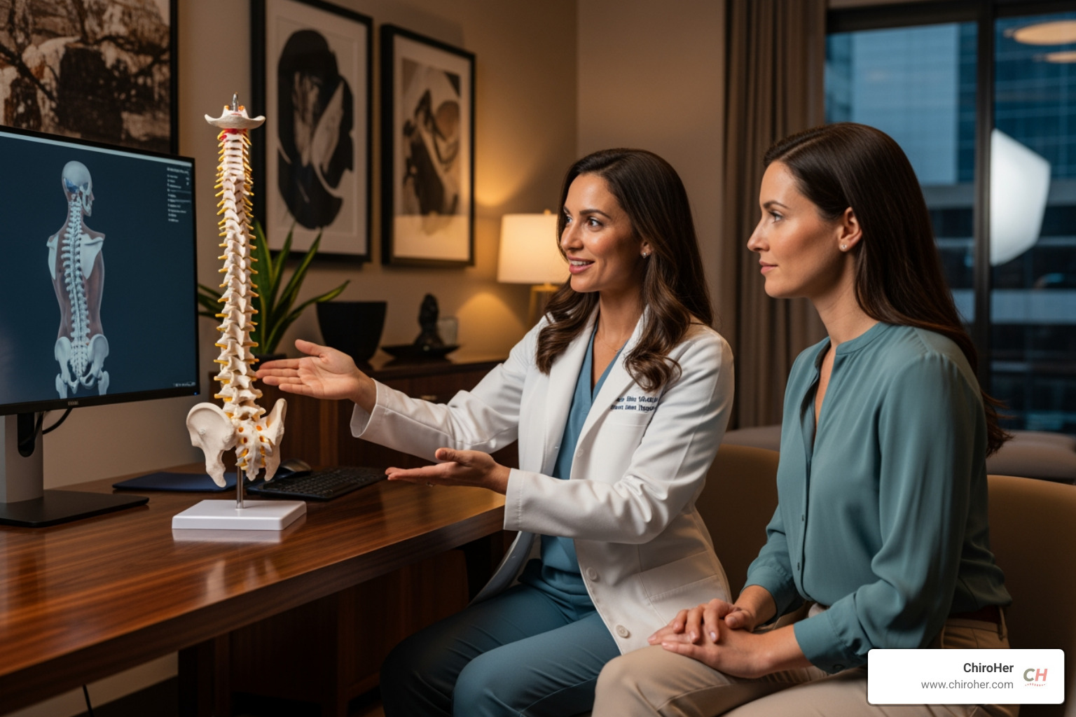 female chiropractor consulting with a female patient about posture in an upscale clinic setting - exercise for anterior pelvic tilt female chiropractor consulting with a female patient about posture in an upscale clinic setting - exercise for anterior pelvic tilt