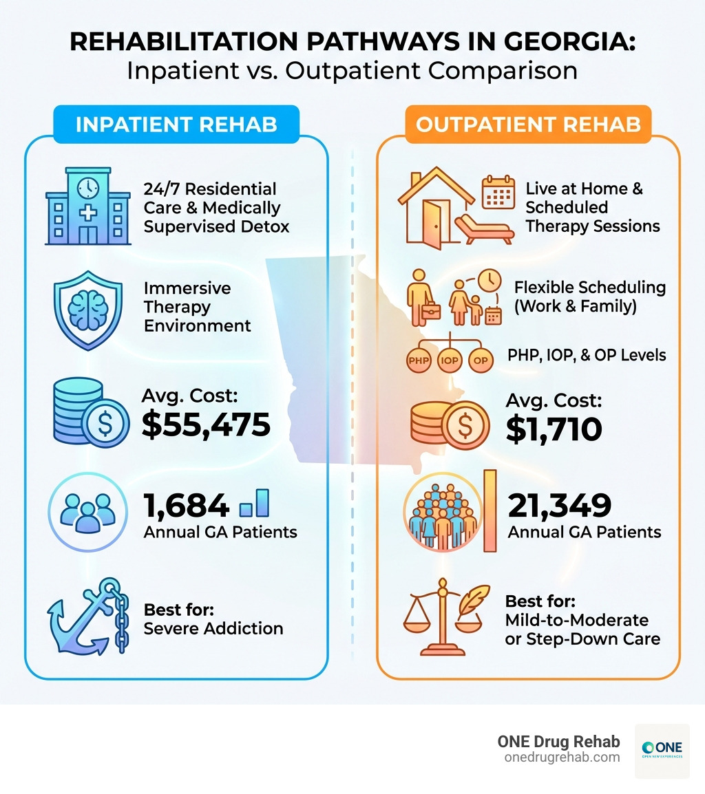 Infographic comparing inpatient and outpatient rehab in Georgia, showing key differences: Inpatient includes 24/7 residential care, medically supervised detox, immersive therapy environment, average cost $55,475, 1,684 annual patients in Georgia, best for severe addiction; Outpatient includes living at home, scheduled therapy sessions, flexible scheduling around work and family, average cost $1,710, 21,349 annual patients in Georgia, includes PHP, IOP, and OP levels, best for mild-to-moderate addiction or step-down care - adult outpatient rehab program in georgia infographic Infographic comparing inpatient and outpatient rehab in Georgia, showing key differences: Inpatient includes 24/7 residential care, medically supervised detox, immersive therapy environment, average cost $55,475, 1,684 annual patients in Georgia, best for severe addiction; Outpatient includes living at home, scheduled therapy sessions, flexible scheduling around work and family, average cost $1,710, 21,349 annual patients in Georgia, includes PHP, IOP, and OP levels, best for mild-to-moderate addiction or step-down care - adult outpatient rehab program in georgia infographic
