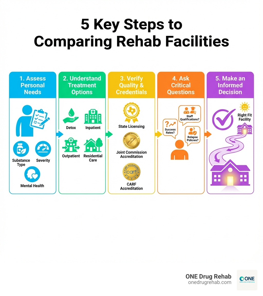 Infographic showing the 5 key steps to comparing rehab facilities: Step 1 shows a person with a clipboard labeled "Assess Personal Needs" with icons for substance type, severity, and mental health. Step 2 displays "Understand Treatment Options" with symbols for detox, inpatient, outpatient, and residential care. Step 3 illustrates "Verify Quality & Credentials" with badges for state licensing, Joint Commission, and CARF accreditation. Step 4 depicts "Ask Critical Questions" with speech bubbles containing queries about success rates, staff qualifications, and relapse policies. Step 5 shows "Make an Informed Decision" with a checkmark and a pathway leading to a building labeled "Right Fit Facility" - Compare rehab facilities infographic 
