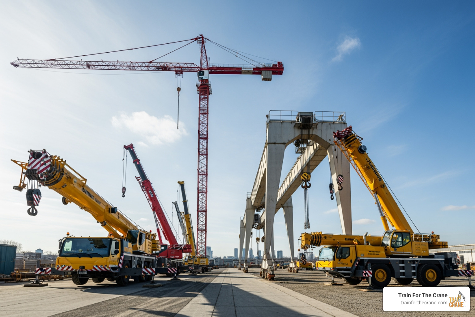 various crane types lined up - crane training prices