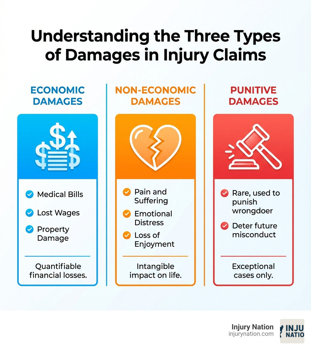 Infographic showing three types of damages: Economic Damages (medical bills, lost wages, property damage with dollar signs), Non-Economic Damages (pain and suffering, emotional distress, loss of enjoyment with a broken heart icon), and Punitive Damages (rare, used to punish wrongdoer with a gavel icon). Each type is clearly labeled with examples and visual icons. - How much compensation infographic 