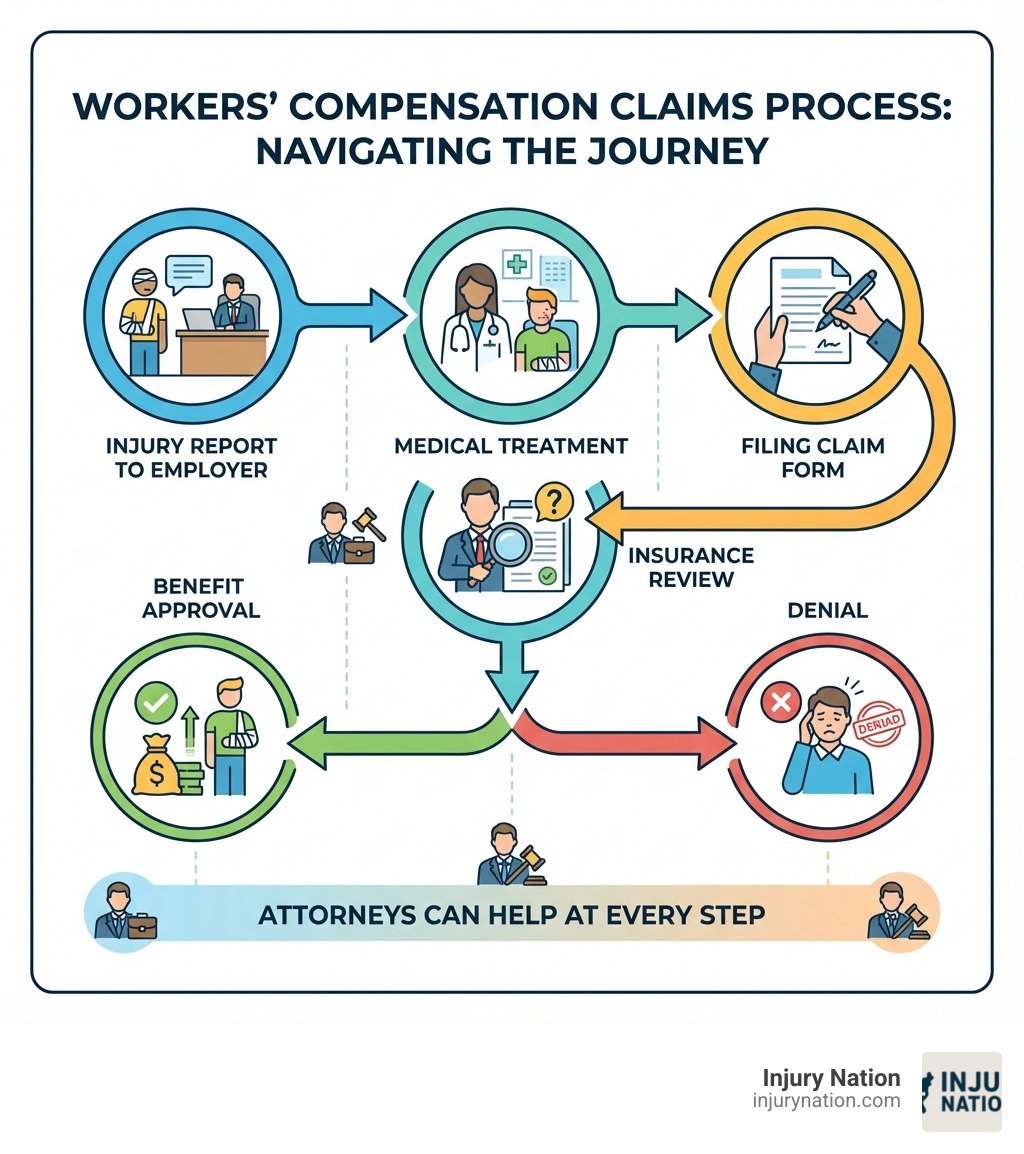 infographic showing the workers' compensation claims process from injury report to employer, to medical treatment, to filing claim form, to insurance review, to benefit approval or denial, with notation that attorneys can help at every step - attorneys for workmans comp claims infographic 