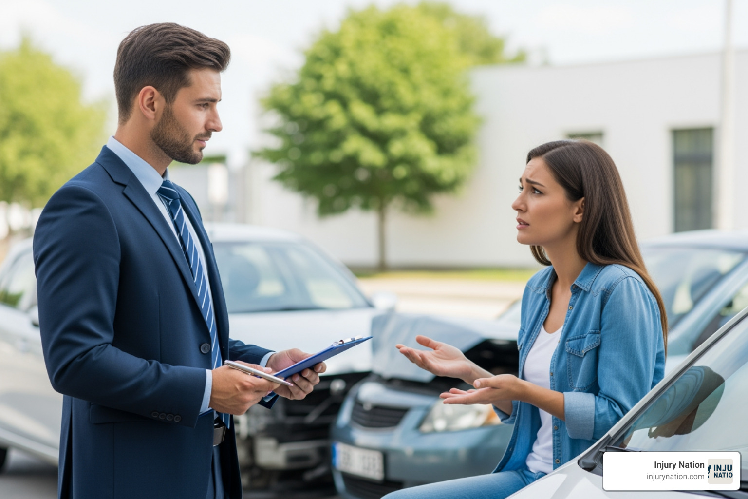insurance adjuster talking to an accident victim - a good accident lawyer