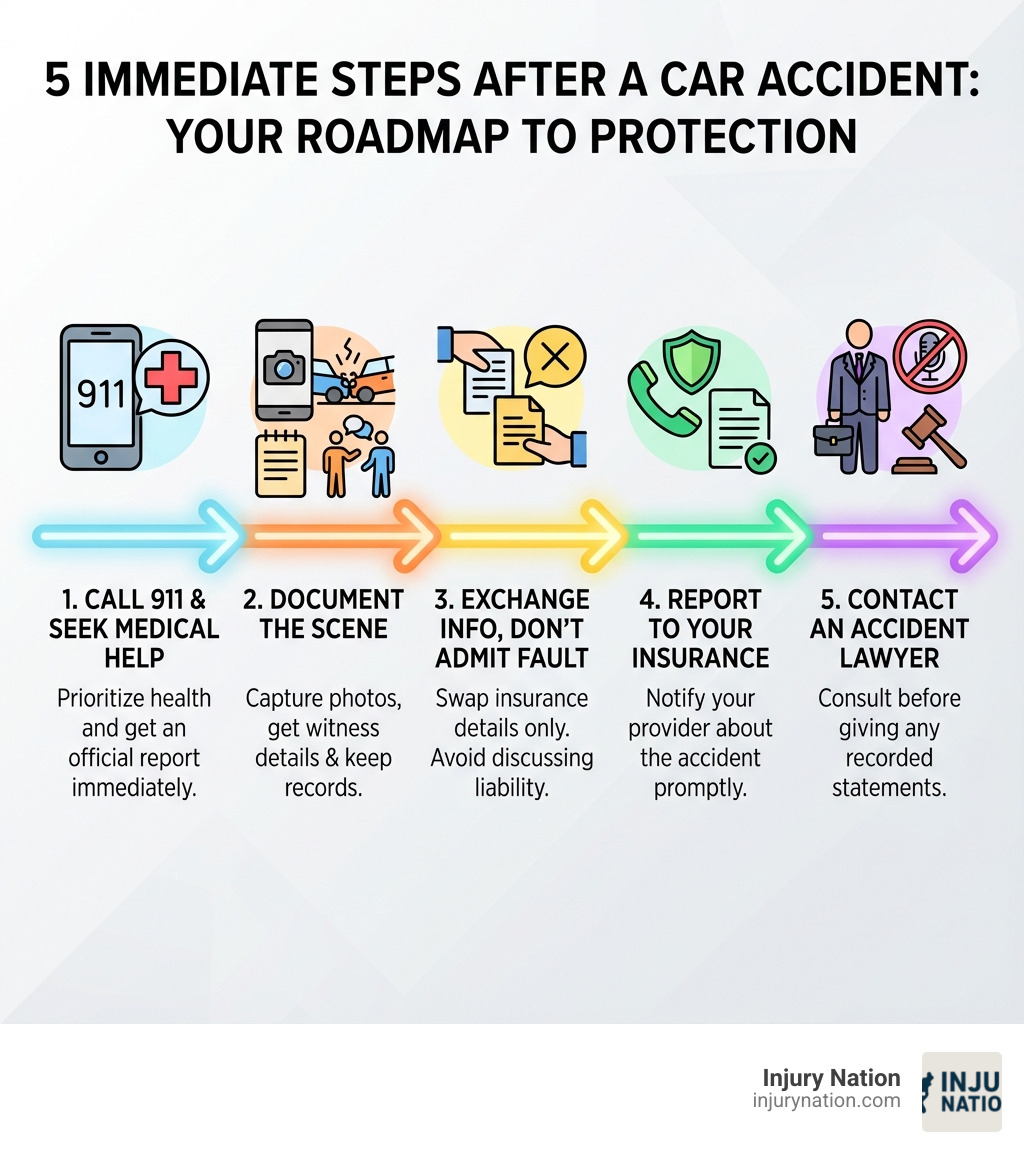 Infographic showing 5 immediate steps after a car accident: 1) Call 911 and seek medical attention immediately, 2) Document the scene with photos and gather witness information, 3) Exchange insurance information but don't admit fault, 4) Report the accident to your insurance company, 5) Contact an experienced accident lawyer before giving any recorded statements - a good accident lawyer infographic 