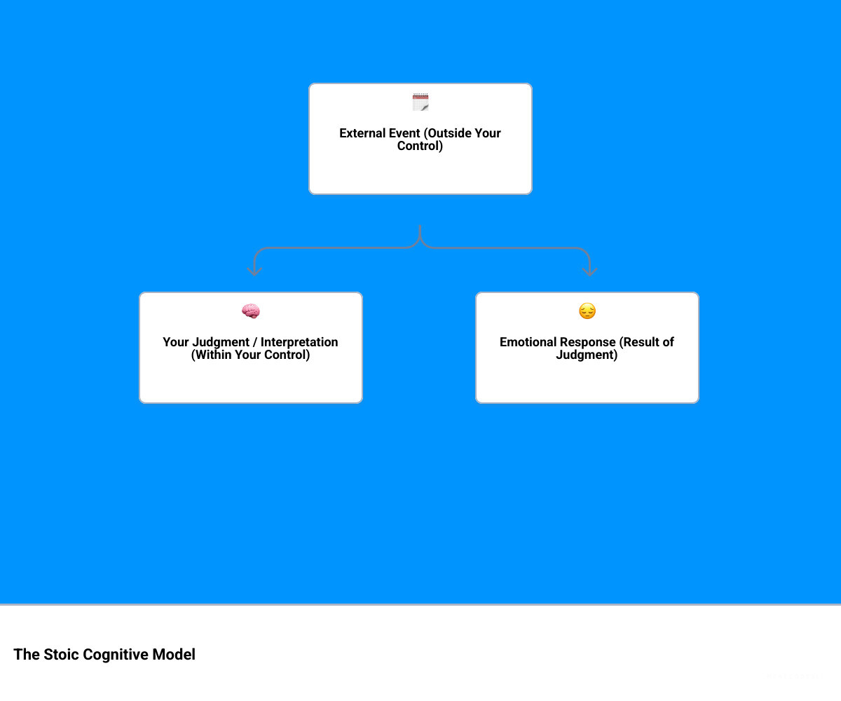 infographic showing the stoic cognitive model: external event leads to judgment/interpretation which leads to emotional response, with arrows indicating we control our judgments but not external events - stoicism and cognitive behavioral therapy infographic hierarchy