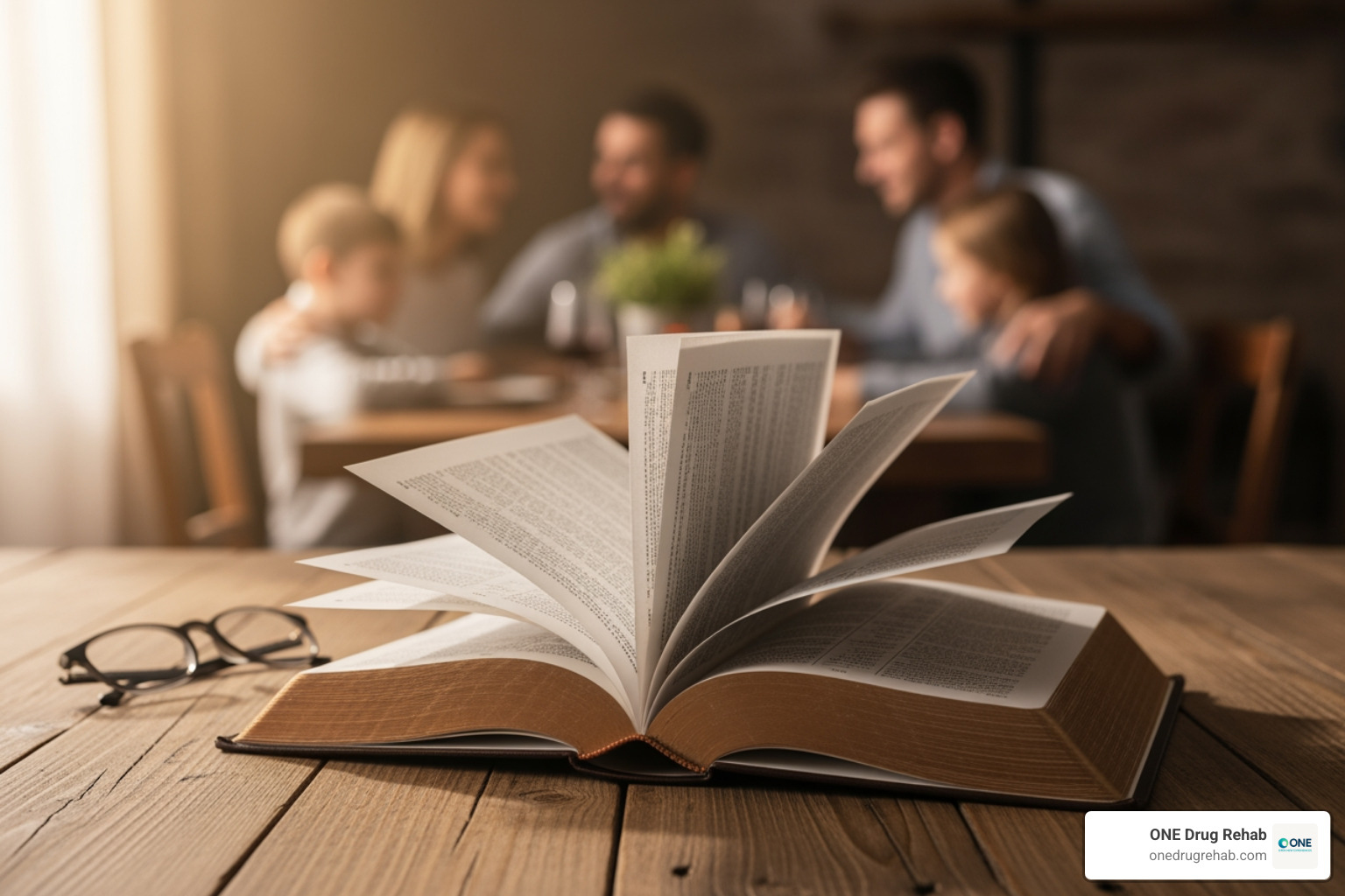 open Bible on a table with a family in the background - Christian family support