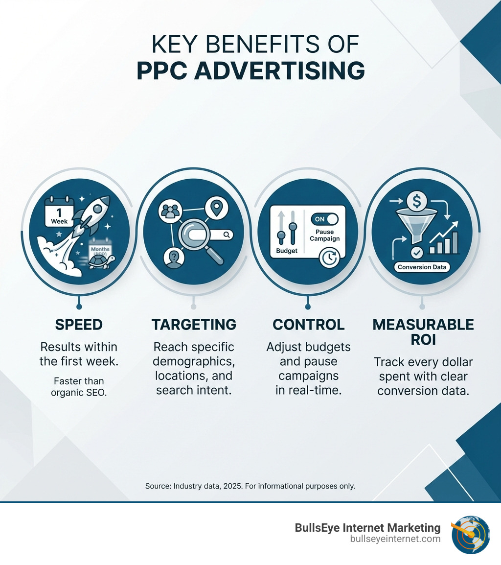 Infographic showing the key benefits of PPC advertising: Speed (Results within the first week vs months for SEO), Targeting (Reach specific demographics, locations, and search intent), Control (Adjust budgets and pause campaigns in real-time), and Measurable ROI (Track every dollar spent with clear conversion data) - pay per click campaign management services infographic Key benefits of PPC advertising including speed, targeting, control, and measurable ROI, featuring icons representing each benefit, with branding from BullsEye Internet Marketing.