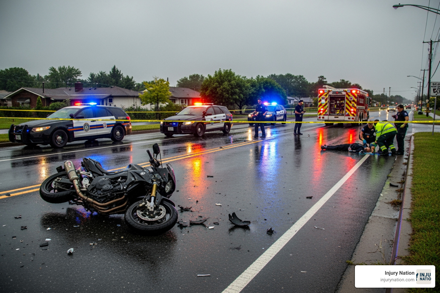 An accident scene with emergency services and police vehicles present - motorcycle wreck attorneys