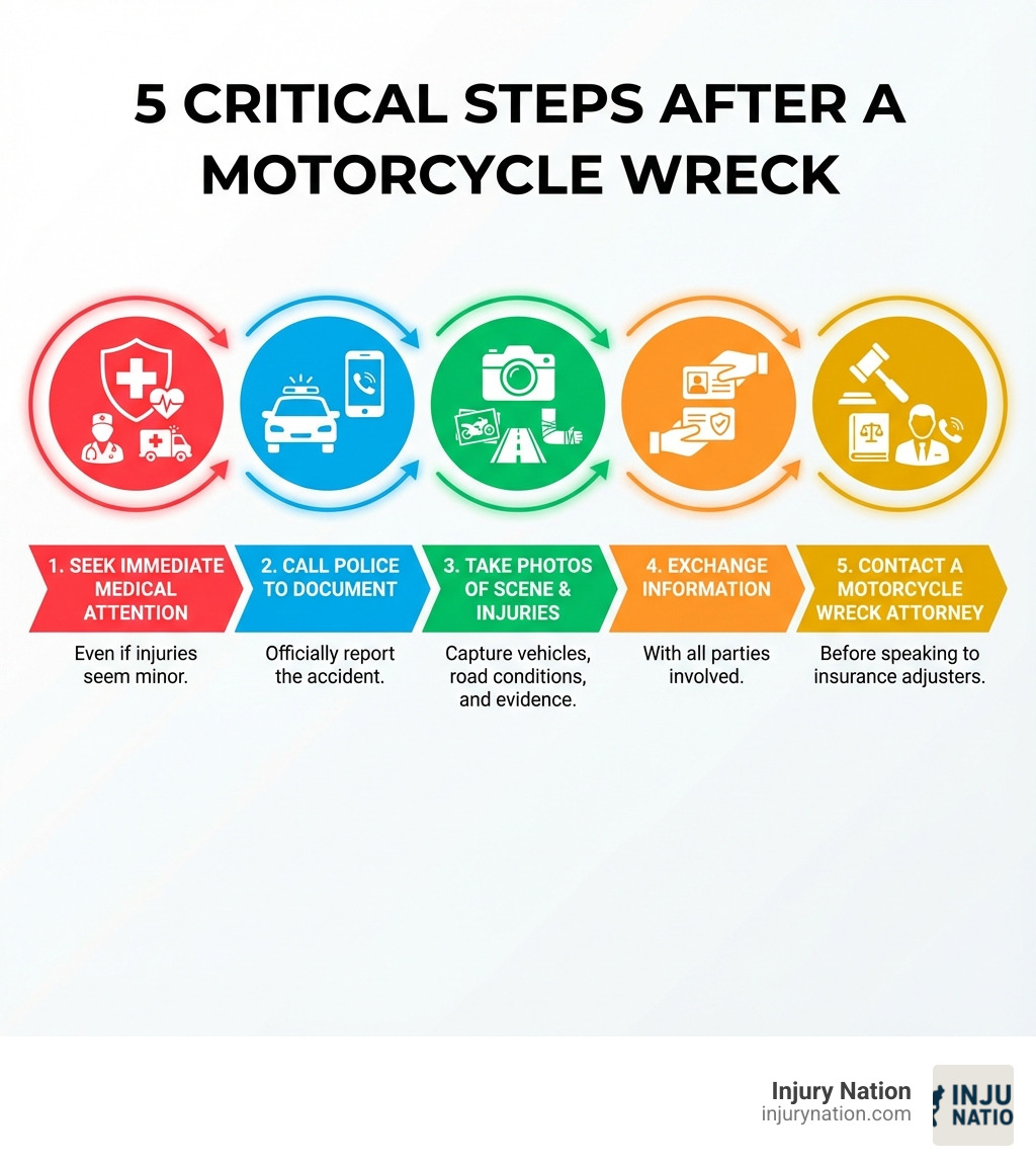 Infographic showing the 5 critical steps after a motorcycle wreck: 1. Seek immediate medical attention even if injuries seem minor, 2. Call police to document the accident officially, 3. Take photos of the scene, vehicles, injuries, and road conditions, 4. Exchange insurance and contact information with all parties, 5. Contact a motorcycle wreck attorney before speaking to insurance adjusters - motorcycle wreck attorneys infographic 