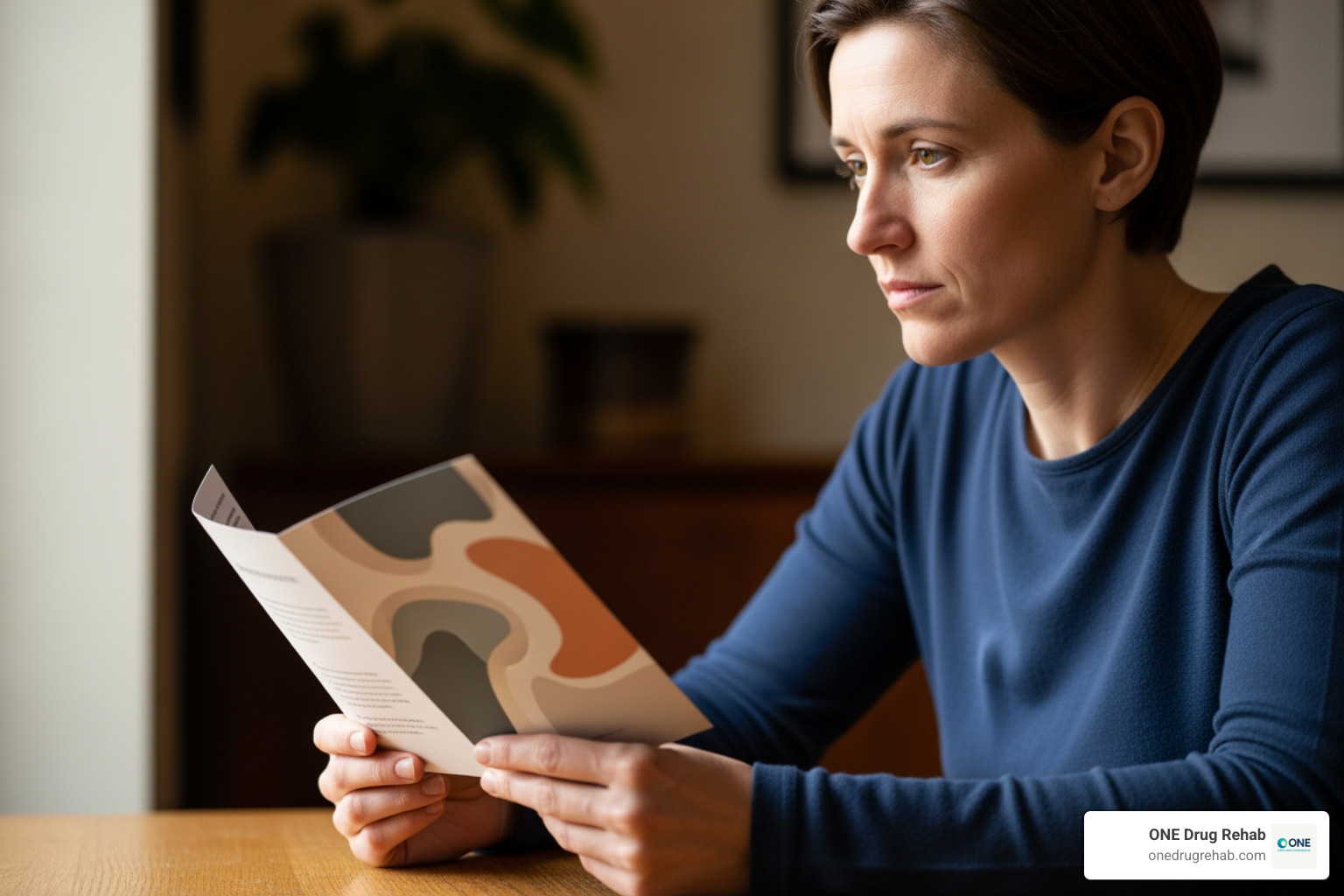 a person looking thoughtfully at a pamphlet for a support group - dual recovery support groups