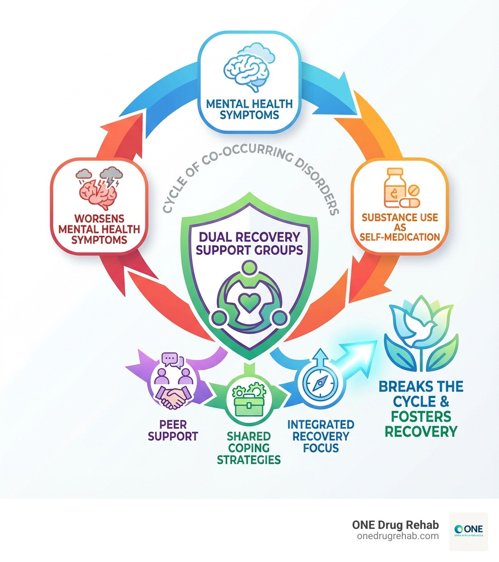 infographic showing the cycle of co-occurring disorders: mental health symptoms lead to substance use as self-medication, which worsens mental health symptoms, creating a cycle that dual recovery support groups help break through peer support, shared coping strategies, and integrated recovery focus - dual recovery support groups infographic 
