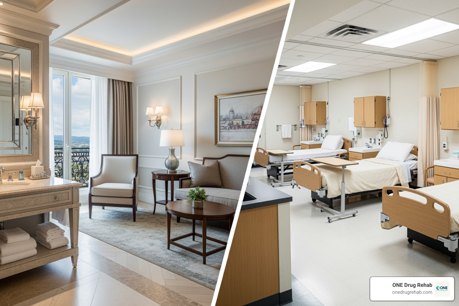 split screen showing a luxury rehab facility on one side and a standard, clean facility on the other - rehab cost calculator split screen showing a luxury rehab facility on one side and a standard, clean facility on the other - rehab cost calculator