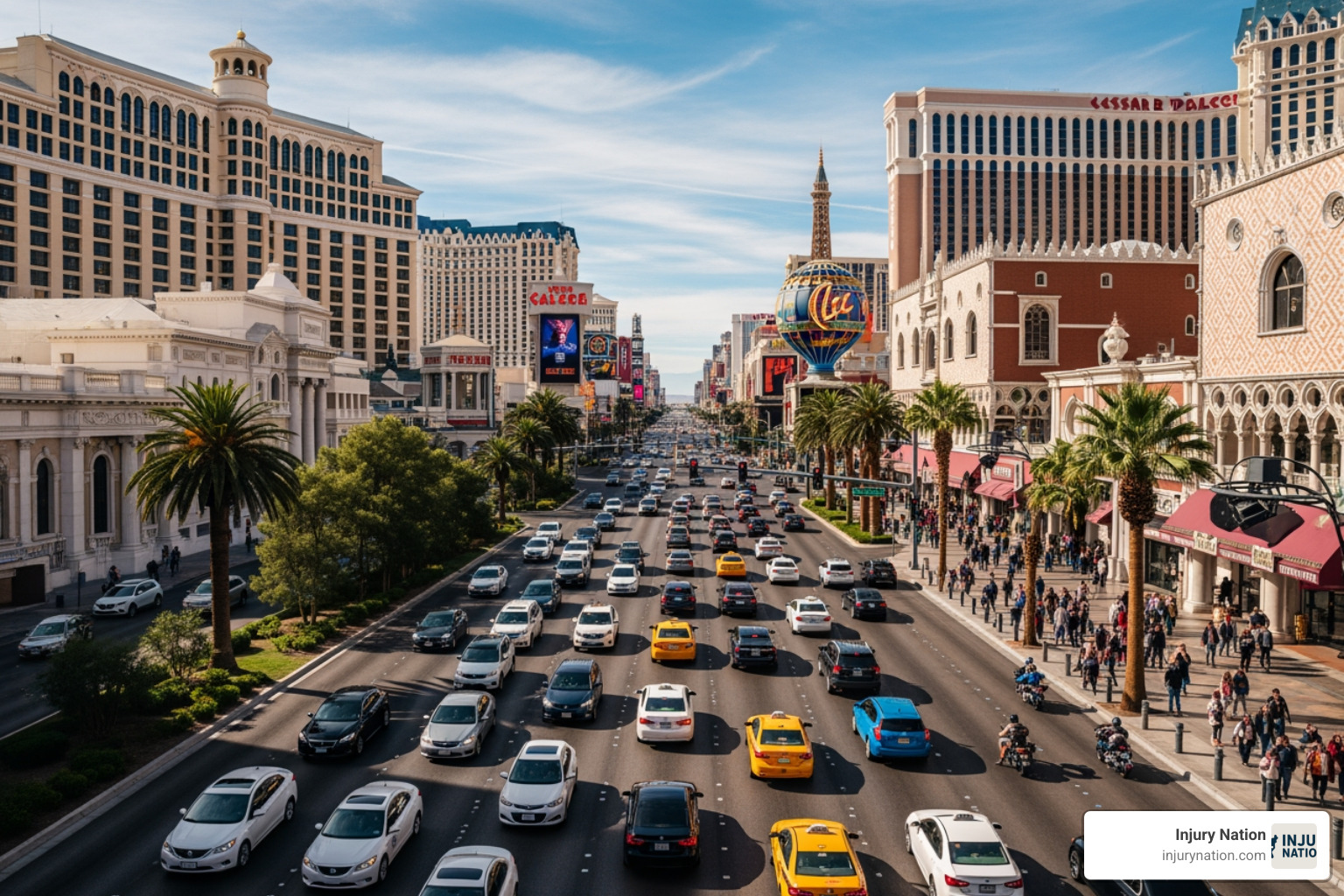 A busy street in Las Vegas, Nevada, with cars and motorcycles in traffic - motorcycle wreck attorneys