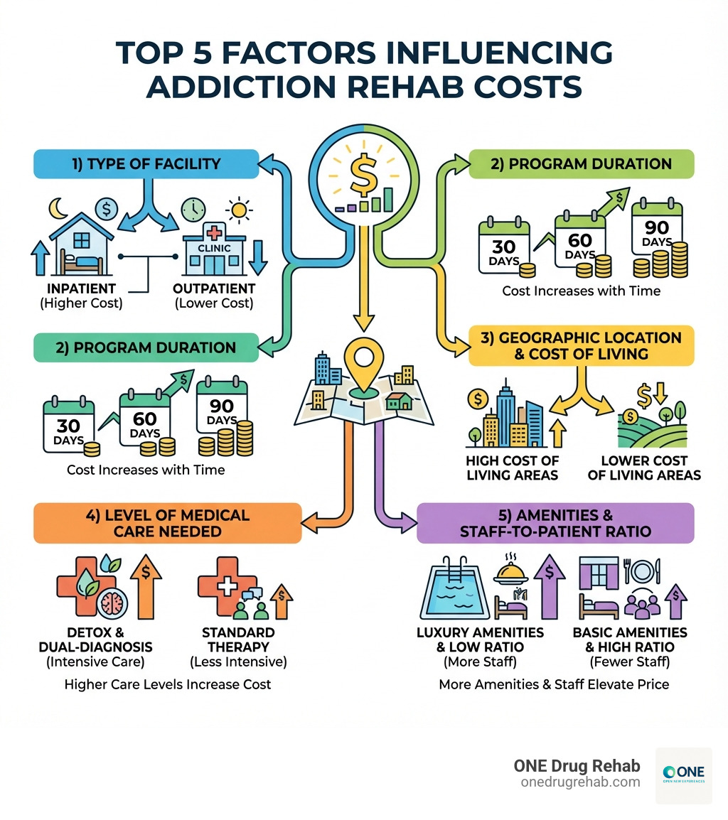 Infographic showing the top 5 factors that influence addiction rehab costs: 1) Type of facility (inpatient vs outpatient), 2) Program duration (30, 60, or 90 days), 3) Geographic location and cost of living, 4) Level of medical care needed (detox, dual-diagnosis), and 5) Amenities and staff-to-patient ratio - rehab cost calculator infographic Infographic showing the top 5 factors that influence addiction rehab costs: 1) Type of facility (inpatient vs outpatient), 2) Program duration (30, 60, or 90 days), 3) Geographic location and cost of living, 4) Level of medical care needed (detox, dual-diagnosis), and 5) Amenities and staff-to-patient ratio - rehab cost calculator infographic