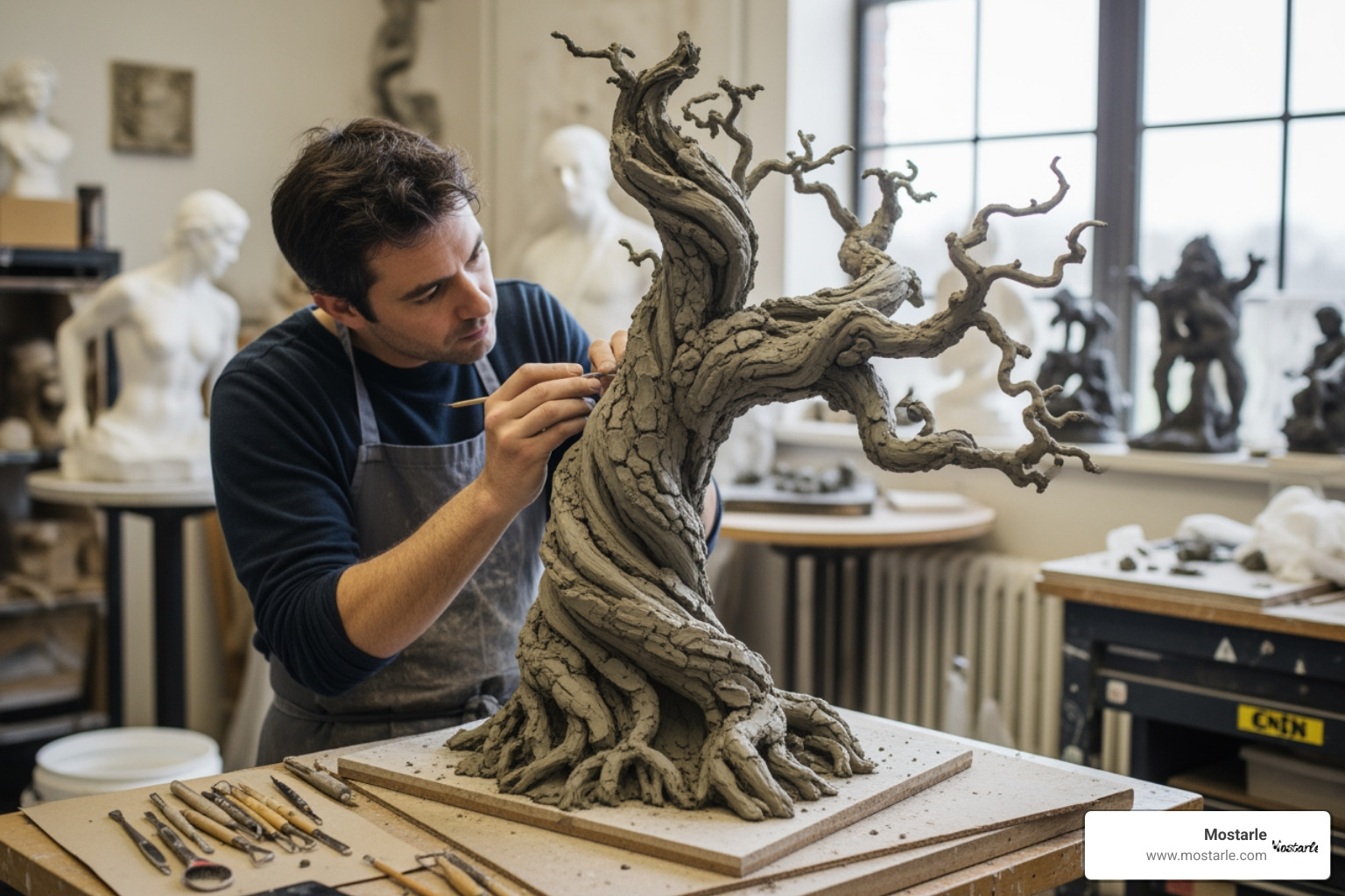 artist working on a clay model for a bronze sculpture - bronze tree sculpture