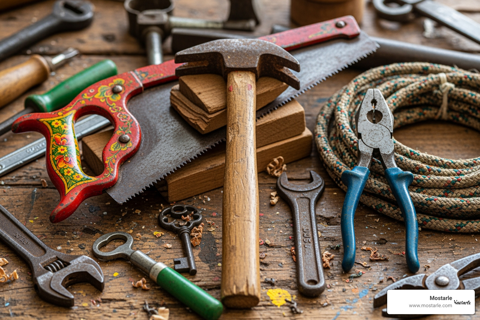 colorful collection of old hand tools like hammers, saws, and pliers - art made from tools