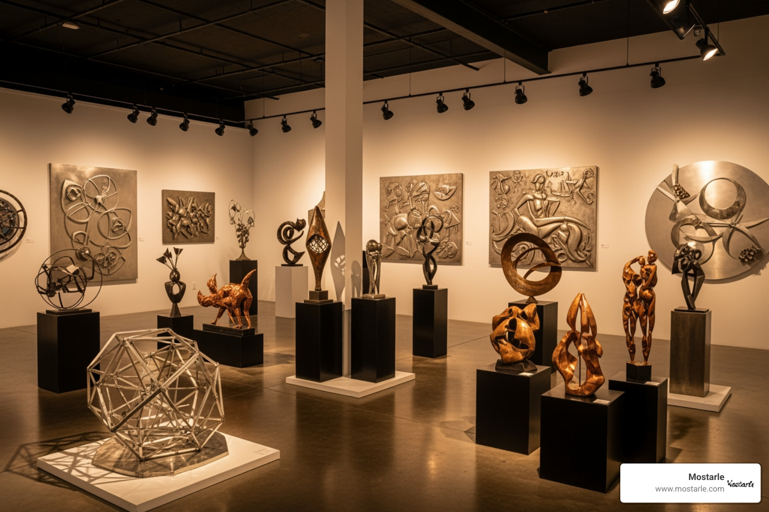diverse collection of Mostarle metal art pieces in a gallery setting - Metal art studio