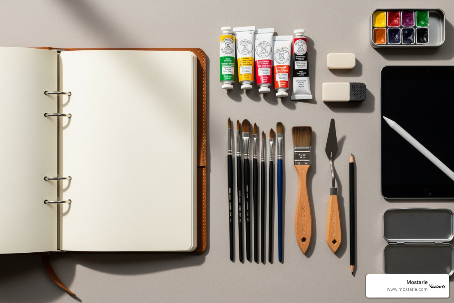 a flat lay of high-quality art tools like a leather-bound sketchbook, premium brushes, and a digital stylus pen. - artistic gift ideas