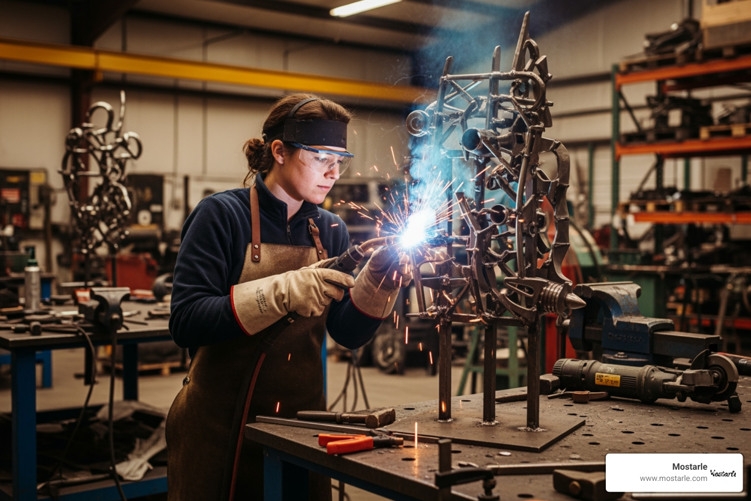 artist welding a sculpture, with sparks flying - Metal art studio