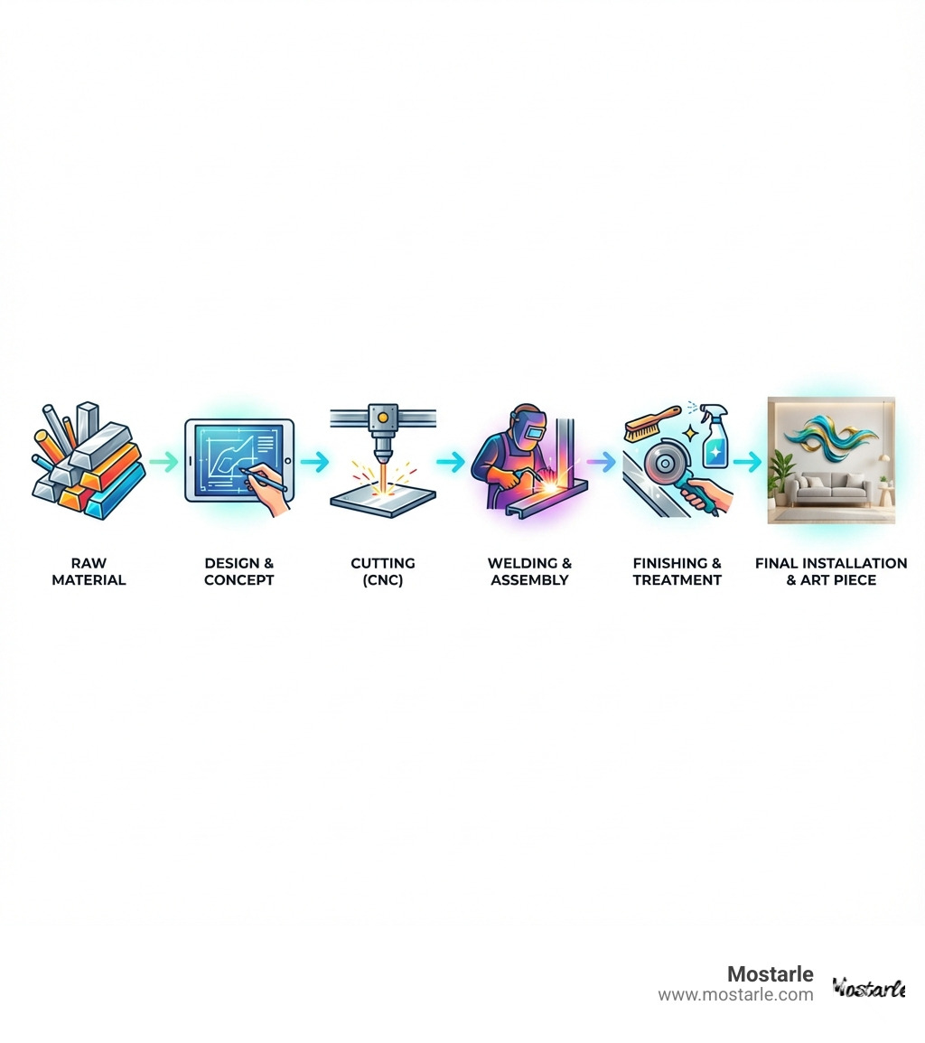 infographic showing the journey of metal from raw material through design, cutting, welding, finishing, to final installation as a unique art piece in a home - Metal art studio infographic 