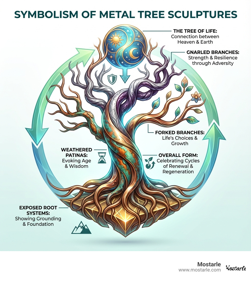 Infographic showing the symbolism of metal tree sculptures: The Tree of Life representing connection between heaven and earth, gnarled branches symbolizing strength and resilience through adversity, exposed root systems showing grounding and foundation, weathered patinas evoking age and wisdom, forked branches representing life's choices and growth, and the overall form celebrating cycles of renewal and regeneration - ancient tree metal sculpture infographic Infographic showing the symbolism of metal tree sculptures: The Tree of Life representing connection between heaven and earth, gnarled branches symbolizing strength and resilience through adversity, exposed root systems showing grounding and foundation, weathered patinas evoking age and wisdom, forked branches representing life's choices and growth, and the overall form celebrating cycles of renewal and regeneration - ancient tree metal sculpture infographic