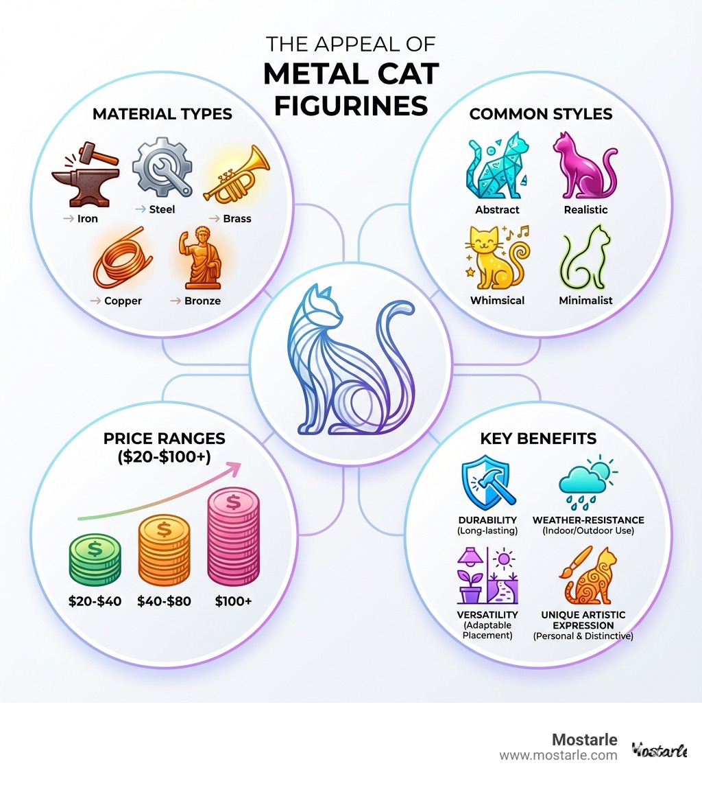 infographic showing the appeal of metal cat figurines including material types (iron, steel, brass, copper, bronze), common styles (abstract, realistic, whimsical, minimalist), price ranges ($20-$100+), and key benefits (durability, weather-resistance, versatility for indoor and outdoor use, unique artistic expression) - Metal cat figurines infographic infographic showing the appeal of metal cat figurines including material types (iron, steel, brass, copper, bronze), common styles (abstract, realistic, whimsical, minimalist), price ranges ($20-$100+), and key benefits (durability, weather-resistance, versatility for indoor and outdoor use, unique artistic expression) - Metal cat figurines infographic