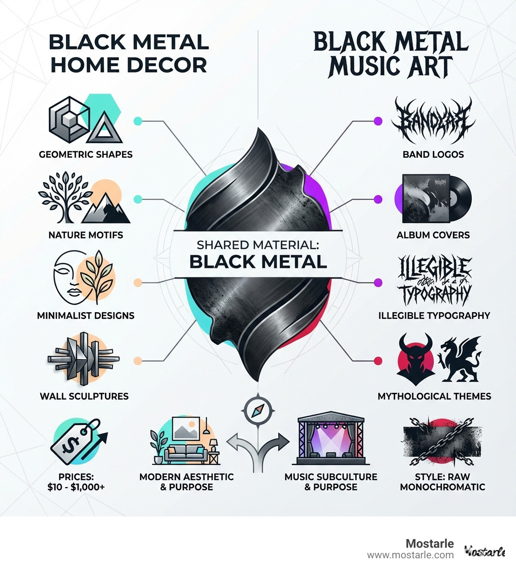 Infographic showing two columns: Left side titled "Black Metal Home Decor" lists geometric shapes, nature motifs, minimalist designs, wall sculptures, and modern aesthetic with prices from $10-$1000. Right side titled "Black Metal Music Art" shows band logos, album covers, illegible typography, mythological themes, and raw monochromatic style. Both share black metal material but serve different purposes. - black metal art infographic 