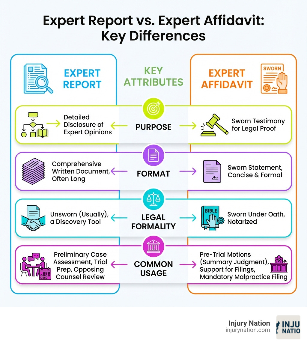 Table comparing an Expert Report and an Expert Affidavit on key attributes like Purpose, Format, Legal Formality, and Common Usage in litigation - Expert report affidavit infographic 