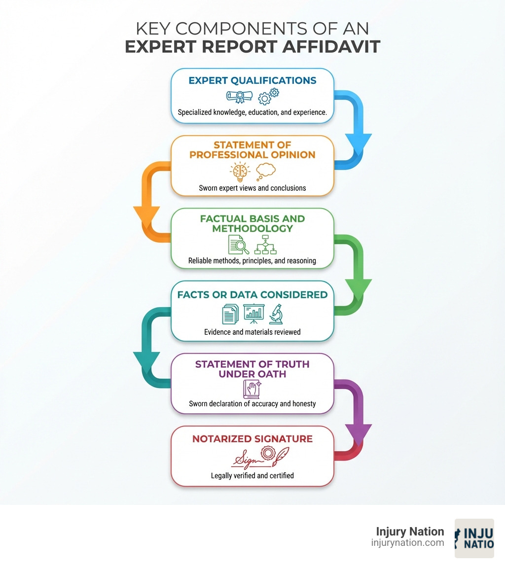 Infographic showing the key components of an expert report affidavit: Expert Qualifications at the top, flowing down to Statement of Professional Opinion, then Factual Basis and Methodology, Facts or Data Considered, Statement of Truth under Oath, and finally Notarized Signature at the bottom, with arrows indicating the logical flow from credentials to sworn testimony - Expert report affidavit infographic 
