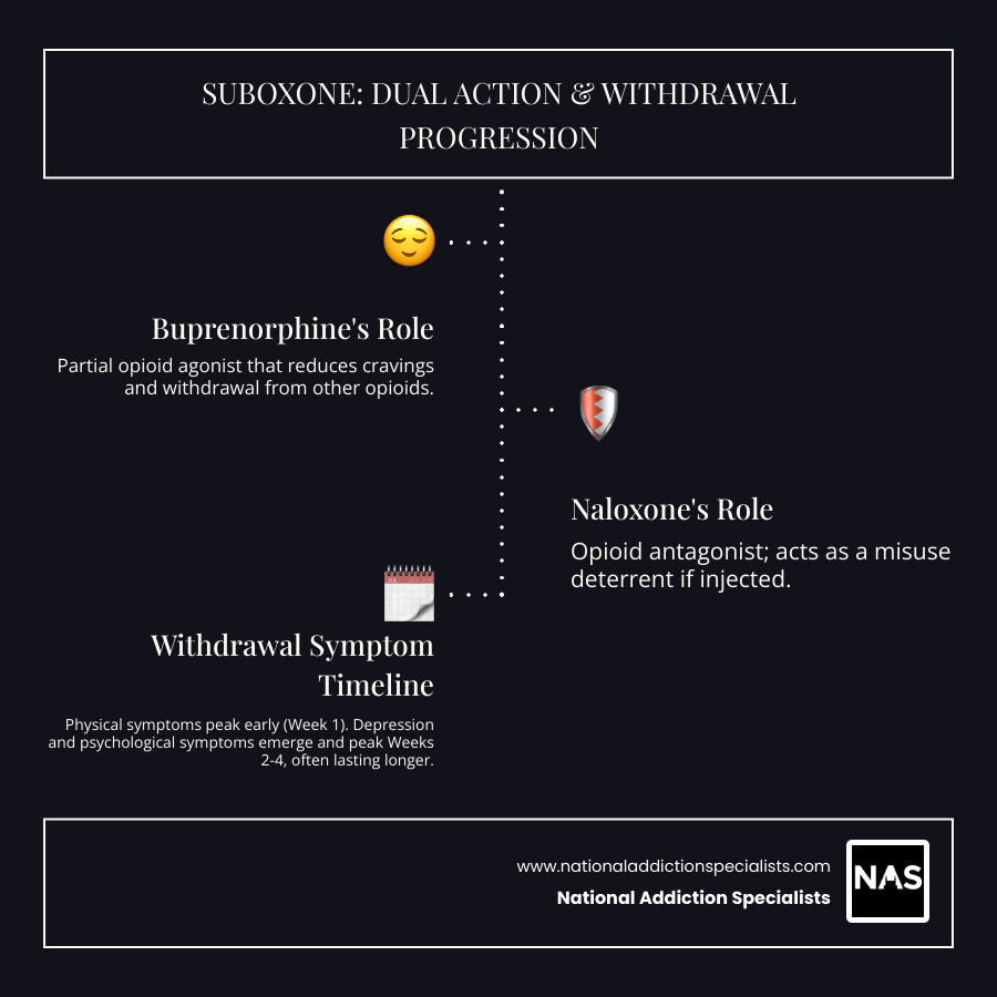 Infographic showing Suboxone's dual-action: Buprenorphine (partial opioid agonist) reduces cravings and withdrawal symptoms while Naloxone (opioid antagonist) prevents misuse by blocking opioid effects if injected, along with a timeline showing physical symptoms peak in first week while depression emerges and peaks in weeks 2-4 - Suboxone withdrawal depression infographic infographic-line-3-steps-dark Infographic showing Suboxone's dual-action: Buprenorphine (partial opioid agonist) reduces cravings and withdrawal symptoms while Naloxone (opioid antagonist) prevents misuse by blocking opioid effects if injected, along with a timeline showing physical symptoms peak in first week while depression emerges and peaks in weeks 2-4 - Suboxone withdrawal depression infographic infographic-line-3-steps-dark