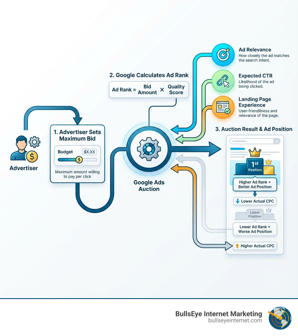 Infographic illustrating Google Ads auction process, featuring advertiser setting maximum bid, ad rank calculation, and auction results with metrics like ad relevance and expected CTR, branded by BullsEye Internet Marketing.