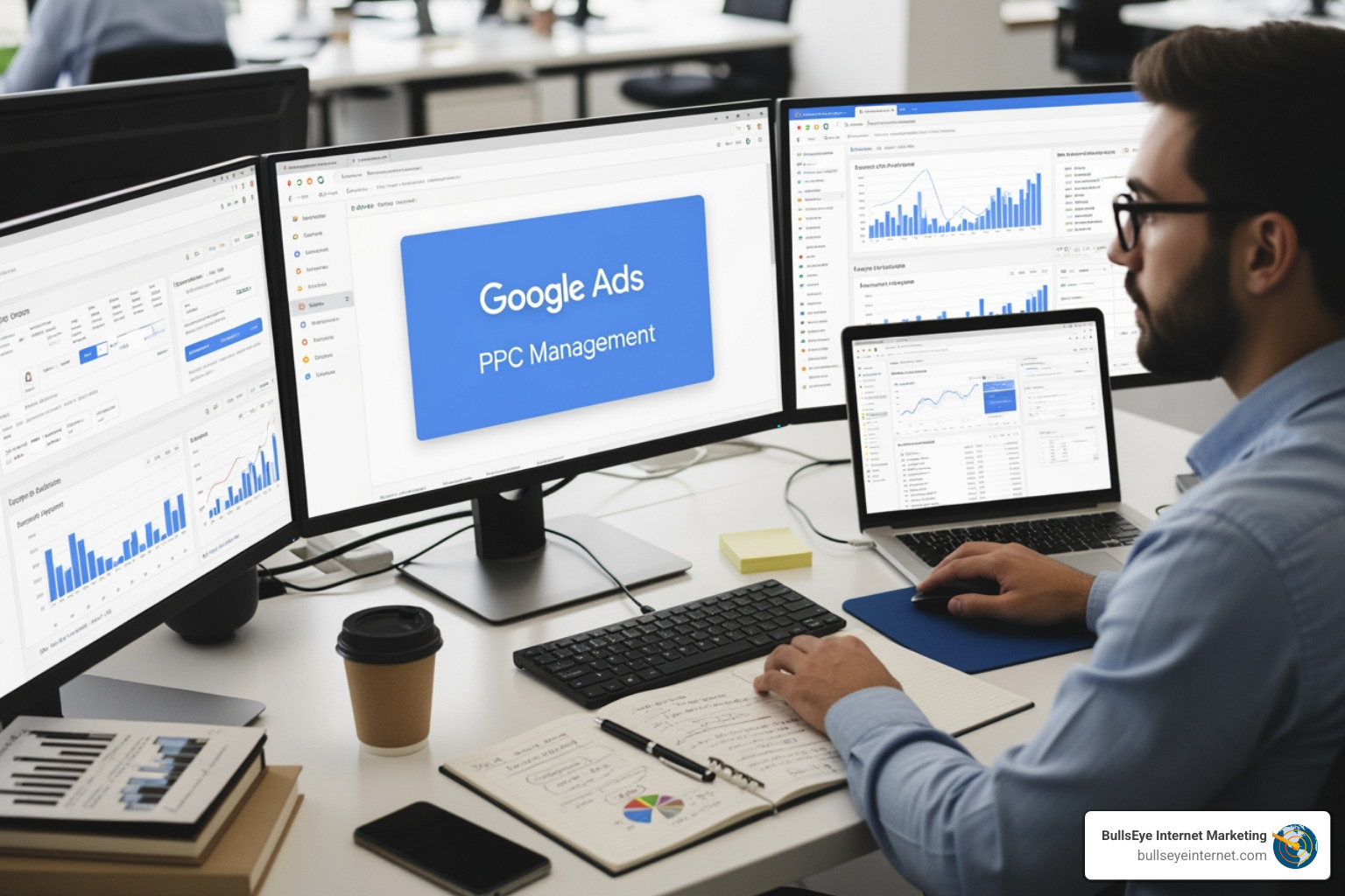 Person analyzing Google Ads PPC management data on multiple computer screens, showcasing graphs and analytics, with a coffee cup and notepad on the desk, emphasizing strategic PPC campaign management.