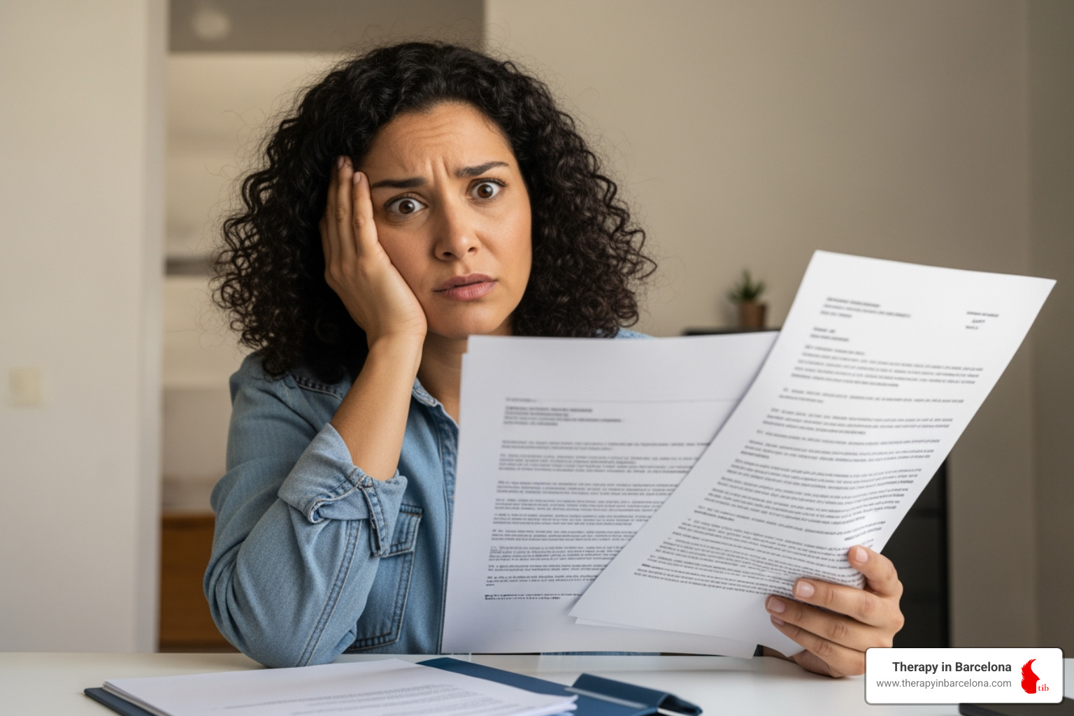 Person looking confused at official-looking Spanish documents - living abroad challenges Person looking confused at official-looking Spanish documents - living abroad challenges