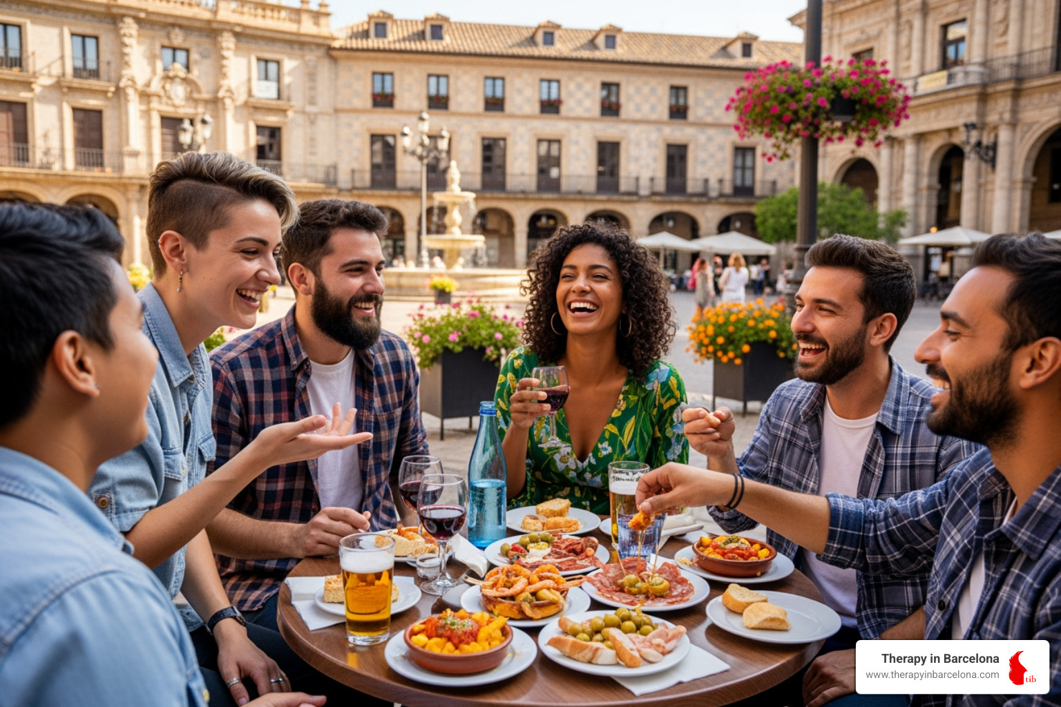 Diverse group of friends enjoying tapas in a Spanish plaza - english speaking therapists