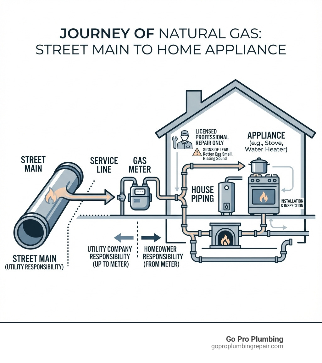 infographic explaining the journey of natural gas from the street main to a home appliance - Residential gas line repair infographic 