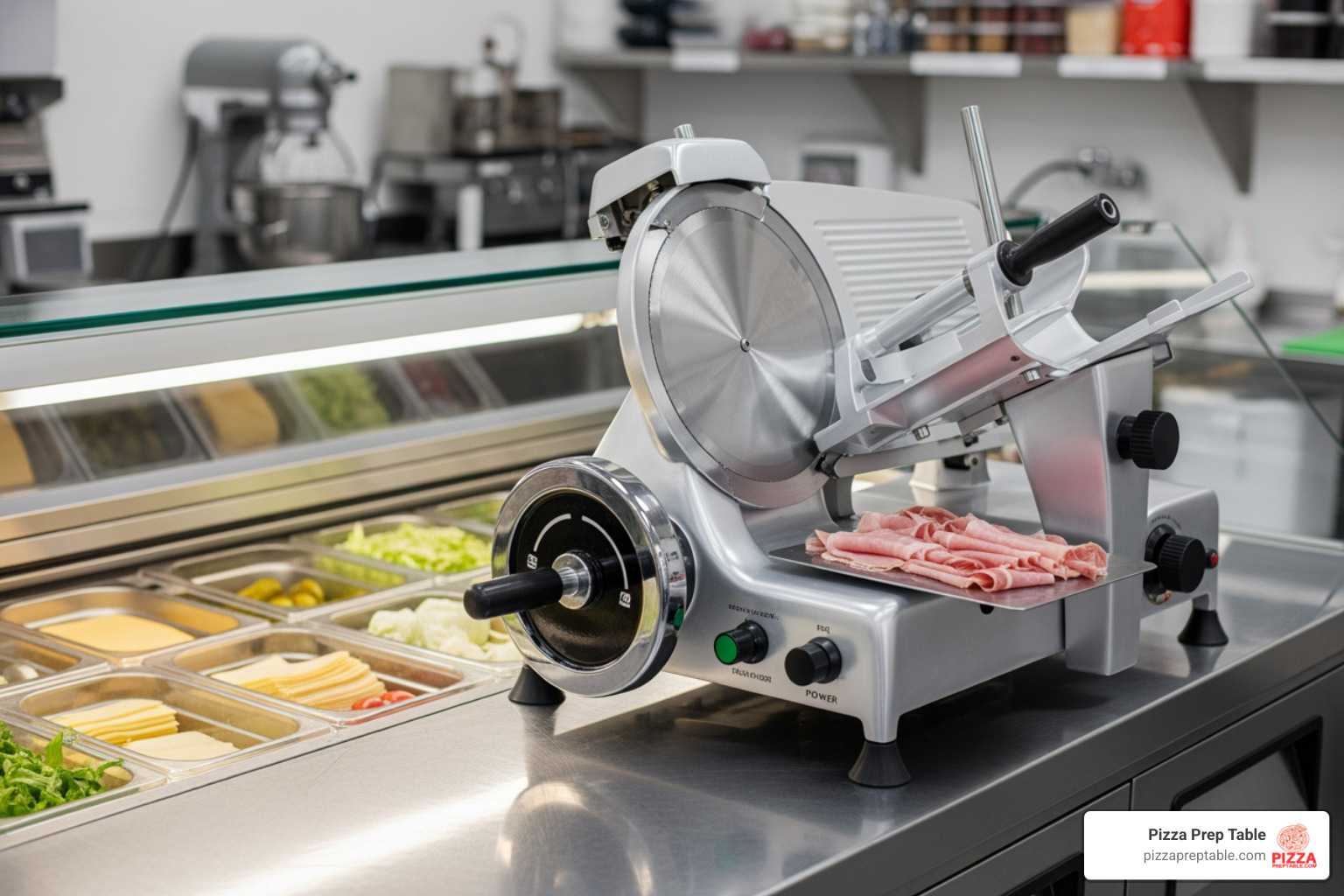 commercial meat slicer next to a refrigerated prep table - Commercial deli equipment