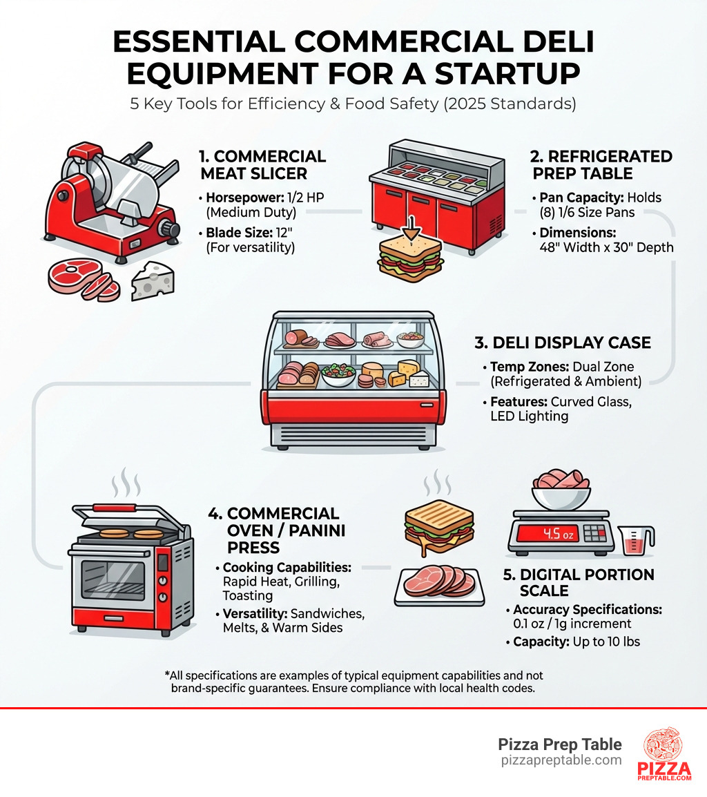 Infographic showing 5 essential pieces of commercial deli equipment for a startup deli: 1. Commercial meat slicer with horsepower and blade size specifications, 2. Refrigerated prep table with pan capacity and dimensions, 3. Deli display case with temperature zones, 4. Commercial oven or panini press with cooking capabilities, 5. Digital portion scale with accuracy specifications - Commercial deli equipment infographic 