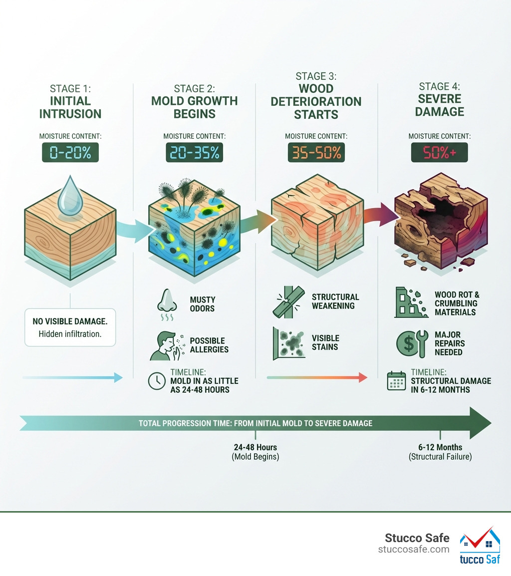 Infographic showing the progression of moisture damage: Stage 1 - Initial moisture intrusion (0-20% moisture content, no visible damage), Stage 2 - Mold growth begins (20-35% moisture, musty odors, possible allergies), Stage 3 - Wood deterioration starts (35-50% moisture, structural weakening, visible stains), Stage 4 - Severe damage (50%+ moisture, wood rot, crumbling materials, major repairs needed). Timeline shows this progression can happen in as little as 24-48 hours for mold and 6-12 months for structural damage. - moisture inspection infographic Infographic showing the progression of moisture damage: Stage 1 - Initial moisture intrusion (0-20% moisture content, no visible damage), Stage 2 - Mold growth begins (20-35% moisture, musty odors, possible allergies), Stage 3 - Wood deterioration starts (35-50% moisture, structural weakening, visible stains), Stage 4 - Severe damage (50%+ moisture, wood rot, crumbling materials, major repairs needed). Timeline shows this progression can happen in as little as 24-48 hours for mold and 6-12 months for structural damage. - moisture inspection infographic