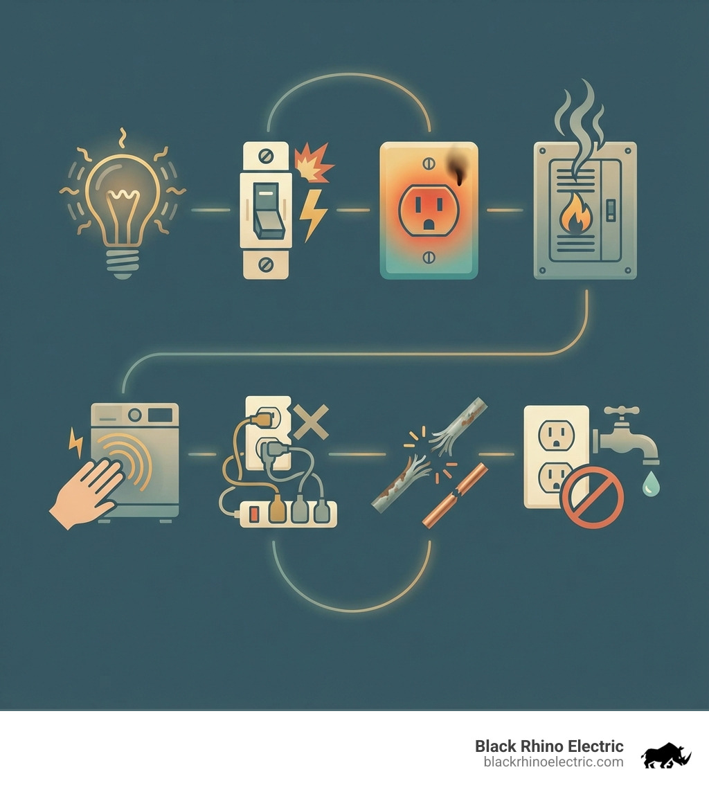 Infographic showing the top warning signs that indicate you need to call an electrician immediately: flickering or dimming lights, circuit breakers tripping frequently, warm or discolored outlets, burning smells near electrical panels, tingling sensations when touching appliances, overloaded circuits with too many extension cords, outdated aluminum wiring in older homes, and lack of GFCI protection in wet areas - Salt Lake City electrician infographic 