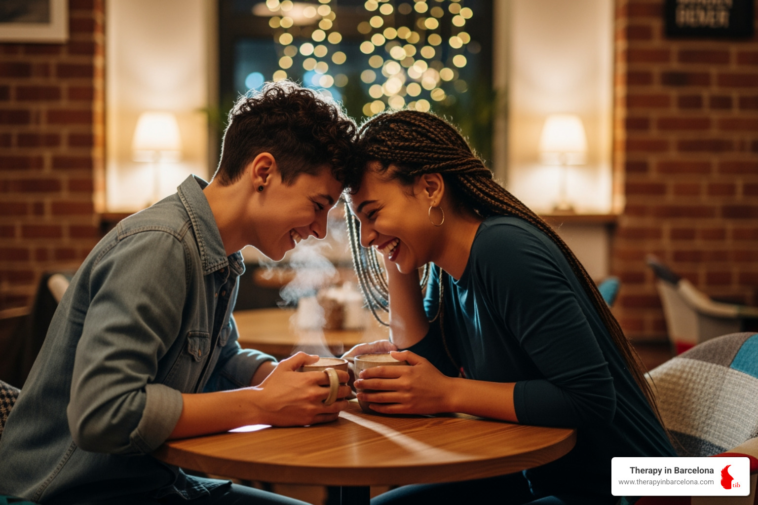 A diverse LGBTQ+ couple sits closely, laughing genuinely, in a cozy cafe in Barcelona, embodying deep emotional intimacy and connection - lgbtq couples counseling