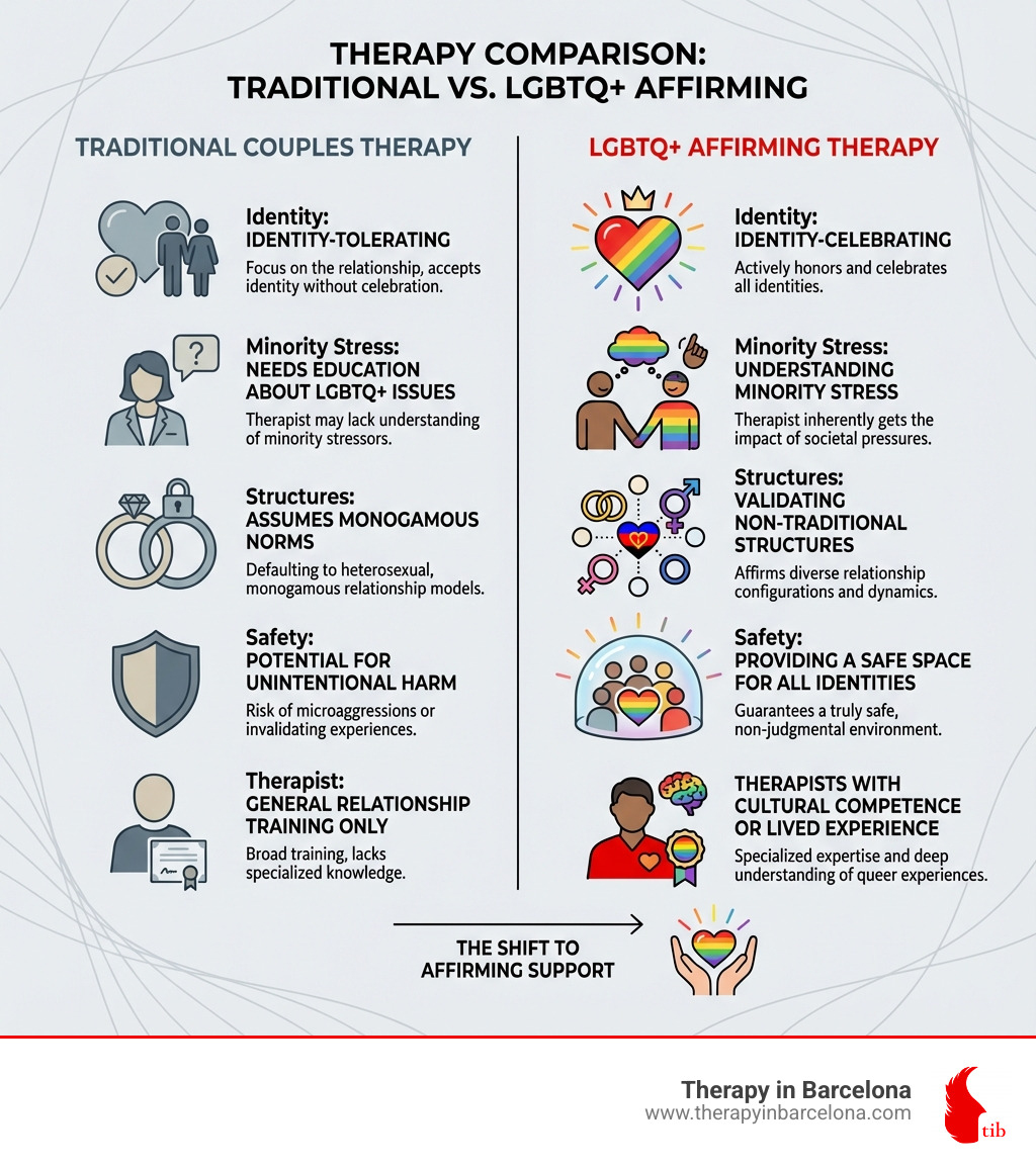 Infographic comparing traditional couples therapy with LGBTQ+ affirming therapy, showing key differences: identity-celebrating vs identity-tolerating, understanding minority stress vs needing education about LGBTQ+ issues, validating non-traditional structures vs assuming monogamous norms, providing a safe space for all identities vs potential for unintentional harm, and therapists with cultural competence or lived experience vs general relationship training only - lgbtq couples counseling infographic 