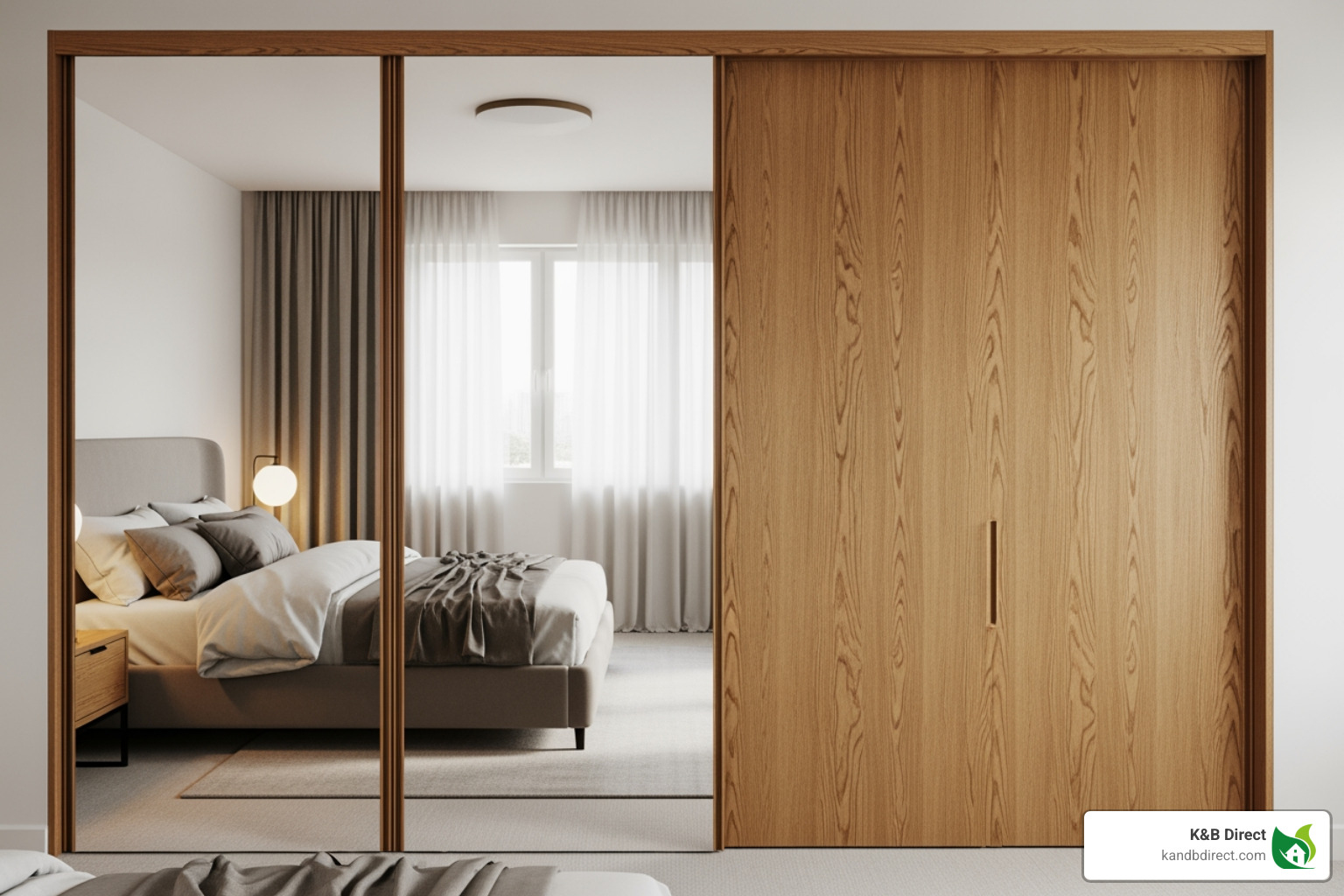 bedroom with bypass sliding closet doors, one mirrored and one wood panel - modern closet doors for bedrooms bedroom with bypass sliding closet doors, one mirrored and one wood panel - modern closet doors for bedrooms