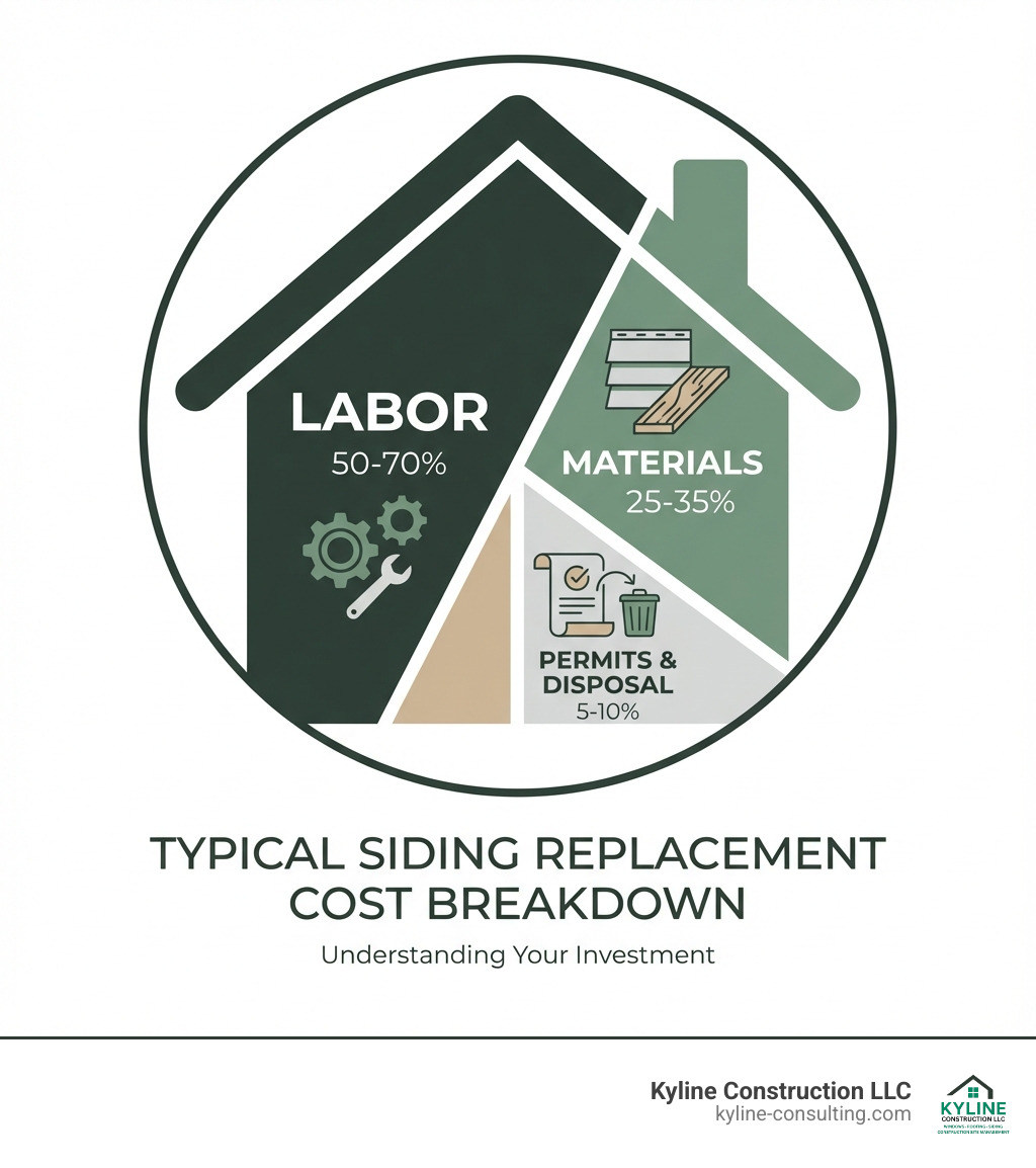 infographic showing breakdown of typical siding replacement costs with labor at 50-70%, materials at 25-35%, and permits/disposal at 5-10% - labor cost to replace siding infographic infographic showing breakdown of typical siding replacement costs with labor at 50-70%, materials at 25-35%, and permits/disposal at 5-10% - labor cost to replace siding infographic