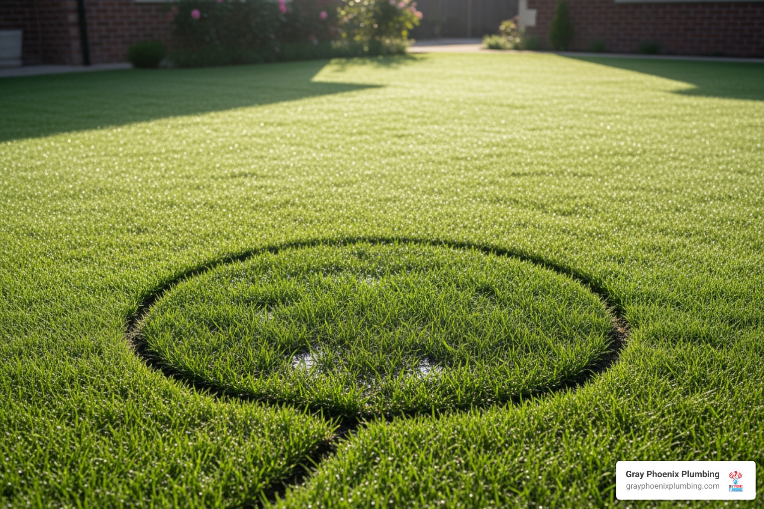 a lush green lawn with a subtle damp patch indicating a potential sewer leak. - sewer camera inspection Aurora