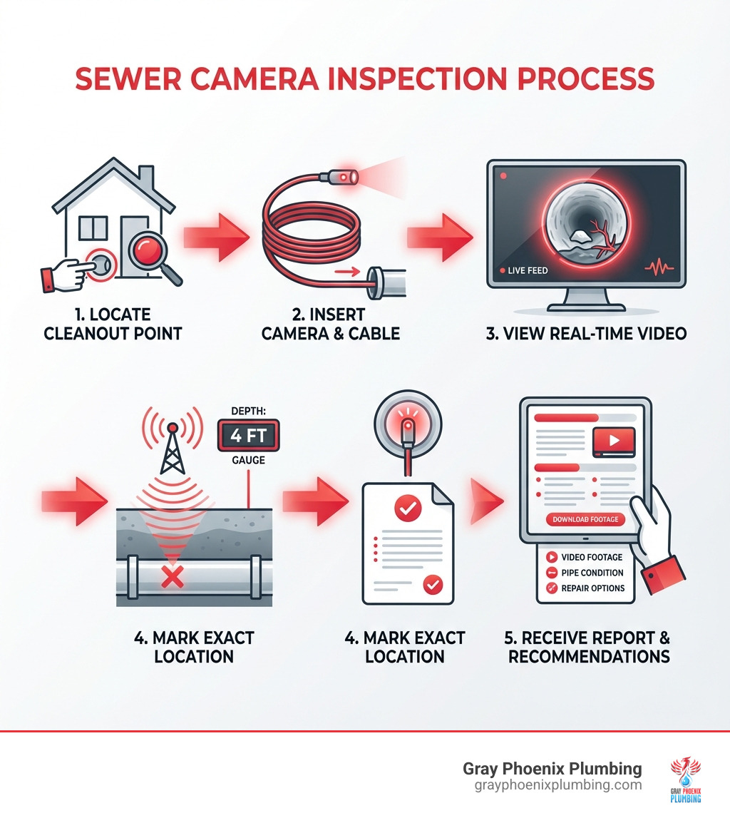 Infographic showing the sewer camera inspection process: 1. Plumber locates existing cleanout access point on property, 2. Flexible waterproof camera with LED lights is inserted into the pipe, 3. Real-time video feed displays on monitor showing pipe interior condition, 4. Radio transmitter marks exact location and depth of any issues found, 5. Homeowner receives detailed report with video footage and repair recommendations - sewer camera inspection Aurora infographic 