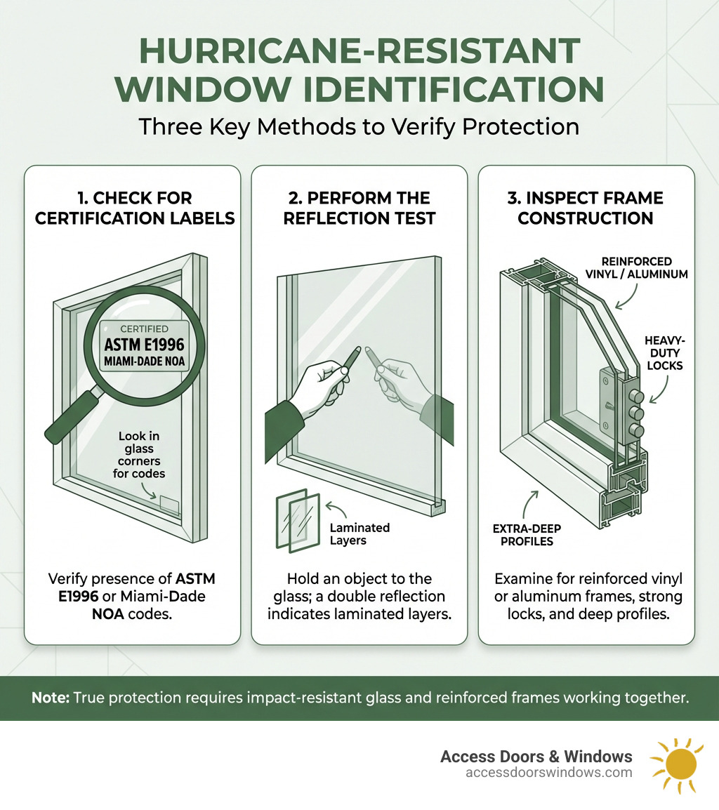 infographic showing three methods to identify hurricane windows: 1) Look for certification labels in glass corners showing ASTM E1996 or Miami-Dade NOA codes, 2) Check for double reflections by holding an object to the glass indicating laminated layers, 3) Inspect frames for reinforced vinyl or aluminum with heavy-duty locks and deep profiles - how to tell if a window is hurricane proof infographic 