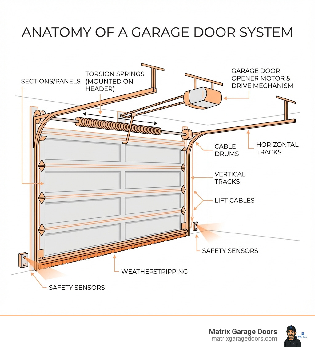 Infographic showing the anatomy of a garage door system: sections/panels at top, torsion springs mounted on header above door, vertical tracks on sides, horizontal tracks extending into garage, cable drums and lift cables connecting springs to bottom brackets, garage door opener motor mounted on ceiling with drive mechanism, safety sensors at floor level on each side of door opening, and weatherstripping along bottom edge - garage door repair delaware ohio infographic Infographic showing the anatomy of a garage door system: sections/panels at top, torsion springs mounted on header above door, vertical tracks on sides, horizontal tracks extending into garage, cable drums and lift cables connecting springs to bottom brackets, garage door opener motor mounted on ceiling with drive mechanism, safety sensors at floor level on each side of door opening, and weatherstripping along bottom edge - garage door repair delaware ohio infographic