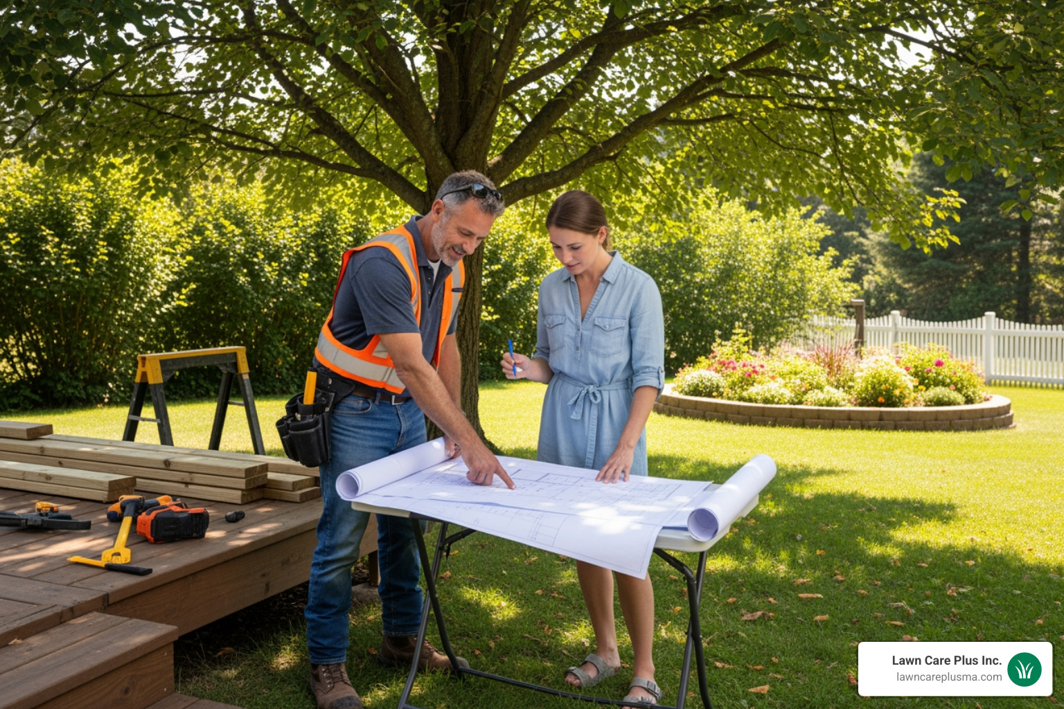 contractor reviewing blueprints with a homeowner in a backyard setting - outdoor living contractor