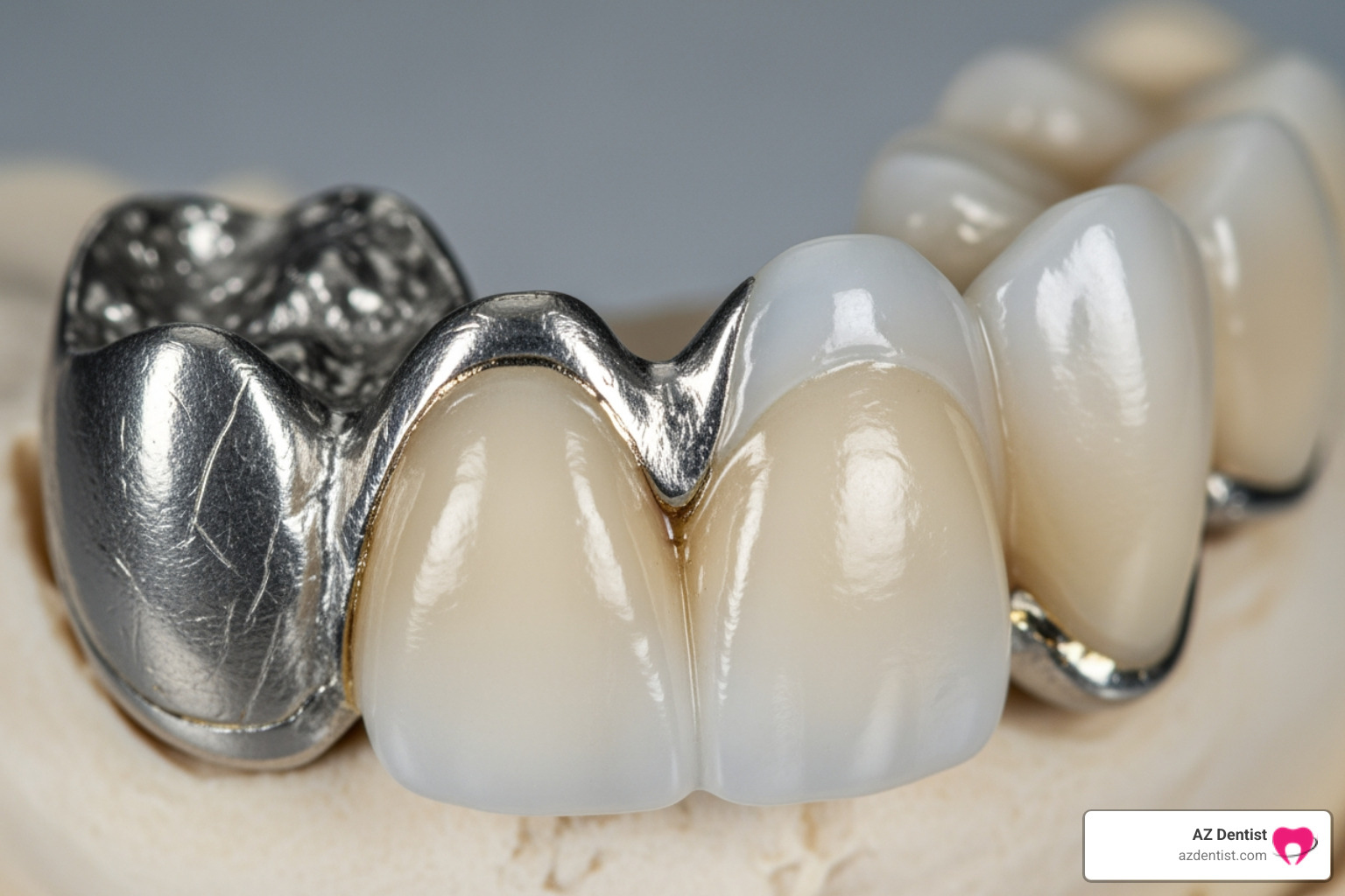 showing the metal substructure and porcelain overlay of a PFM crown - types of dental crowns