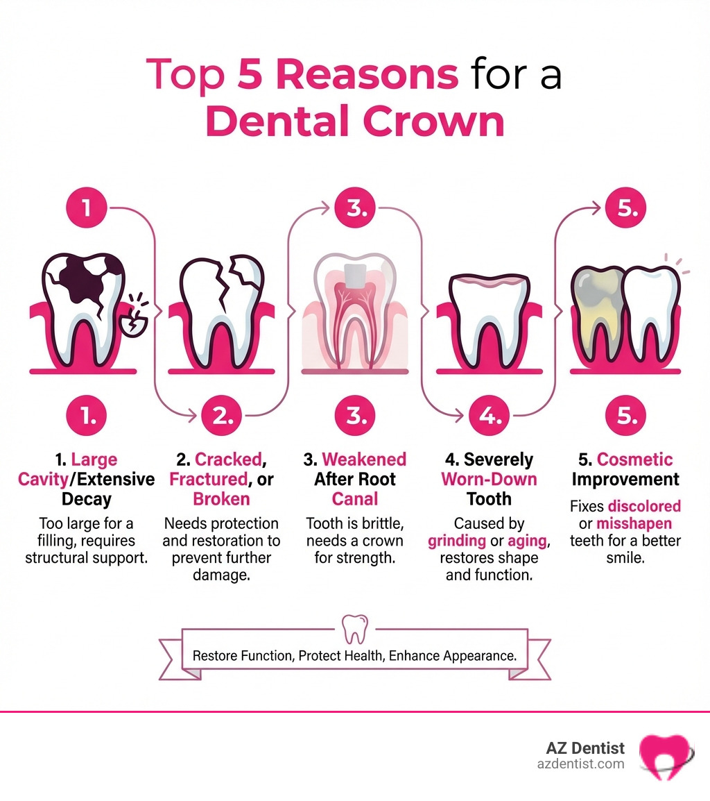 Infographic showing the top 5 reasons someone might need a dental crown: 1. Large cavity or extensive tooth decay that cannot support a filling, 2. Cracked, fractured, or broken tooth requiring protection and restoration, 3. Tooth weakened after root canal treatment, 4. Severely worn-down tooth from grinding or age, 5. Cosmetic improvement for discolored or misshapen teeth - types of dental crowns infographic 